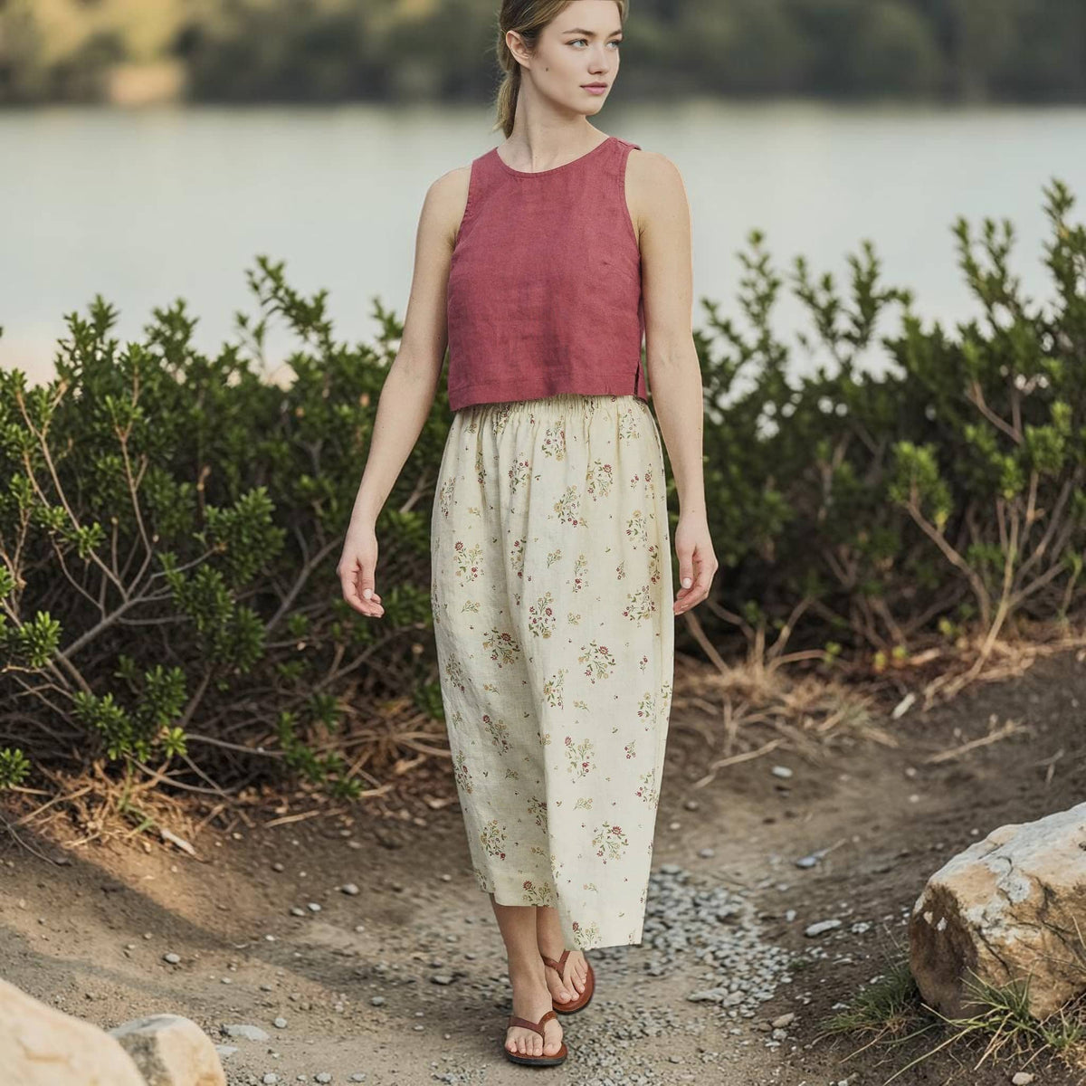 Sleeveless Linen Crop Top, Round Neck Side Slit