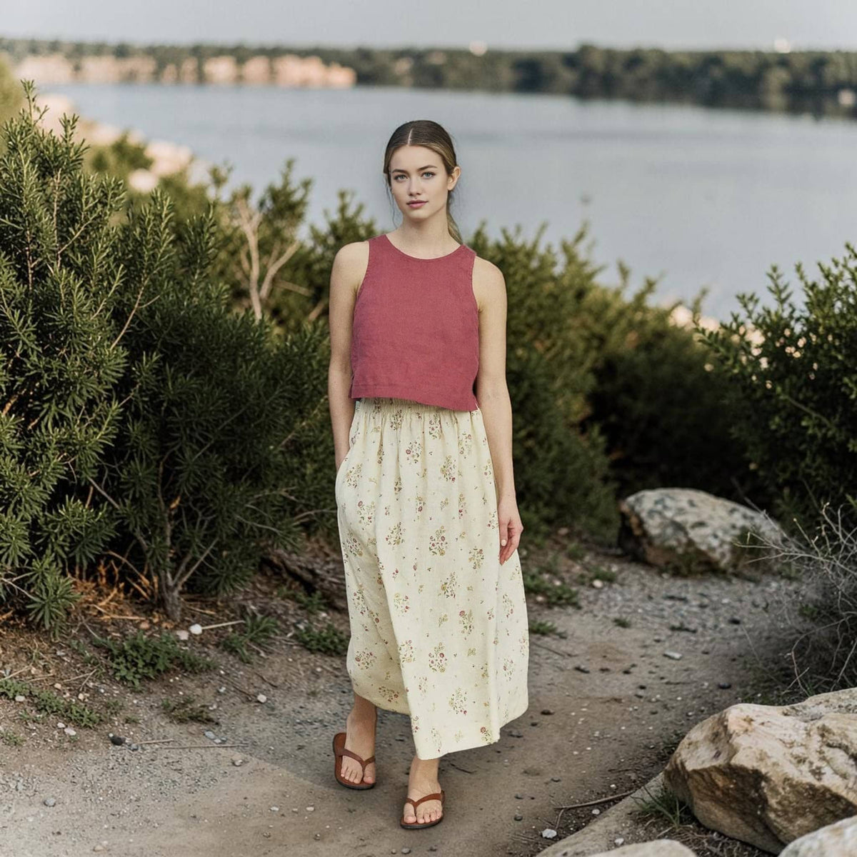 Sleeveless Linen Crop Top, Round Neck Side Slit