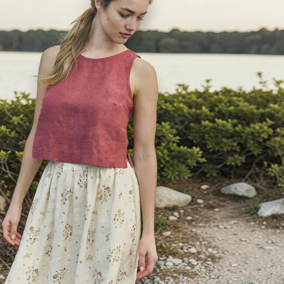 Sleeveless Linen Crop Top, Round Neck Side Slit