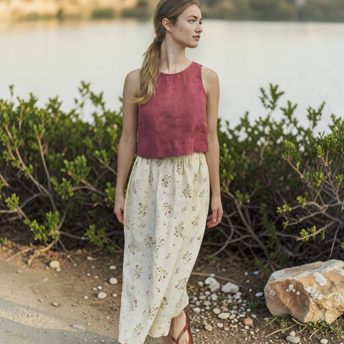 Sleeveless Linen Crop Top, Round Neck Side Slit