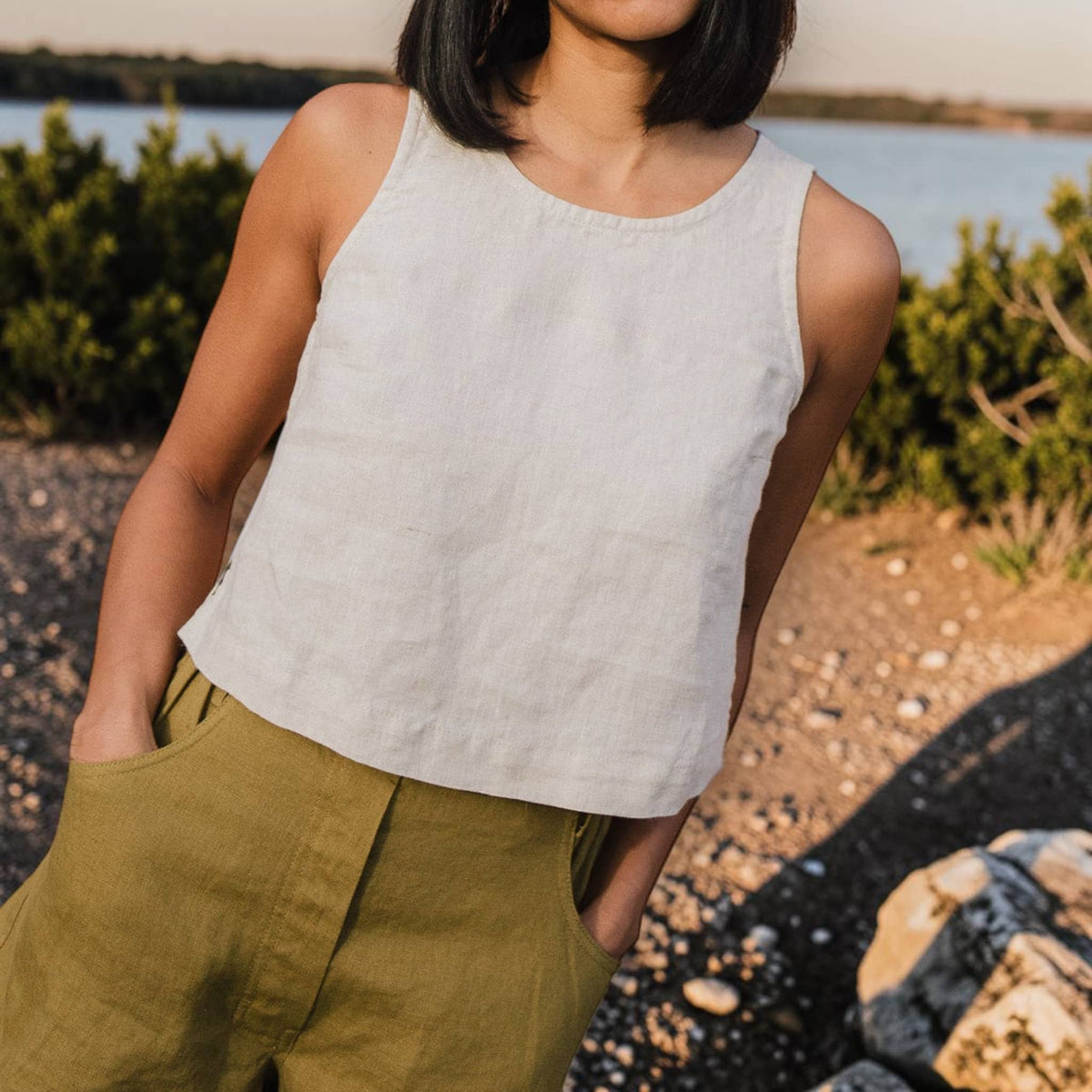 Sleeveless Linen Crop Top, Round Neck Side Slit