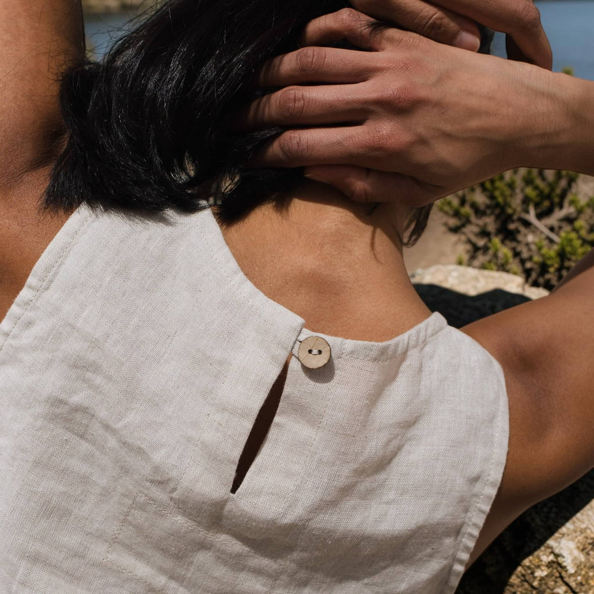 Sleeveless Linen Crop Top, Round Neck Side Slit