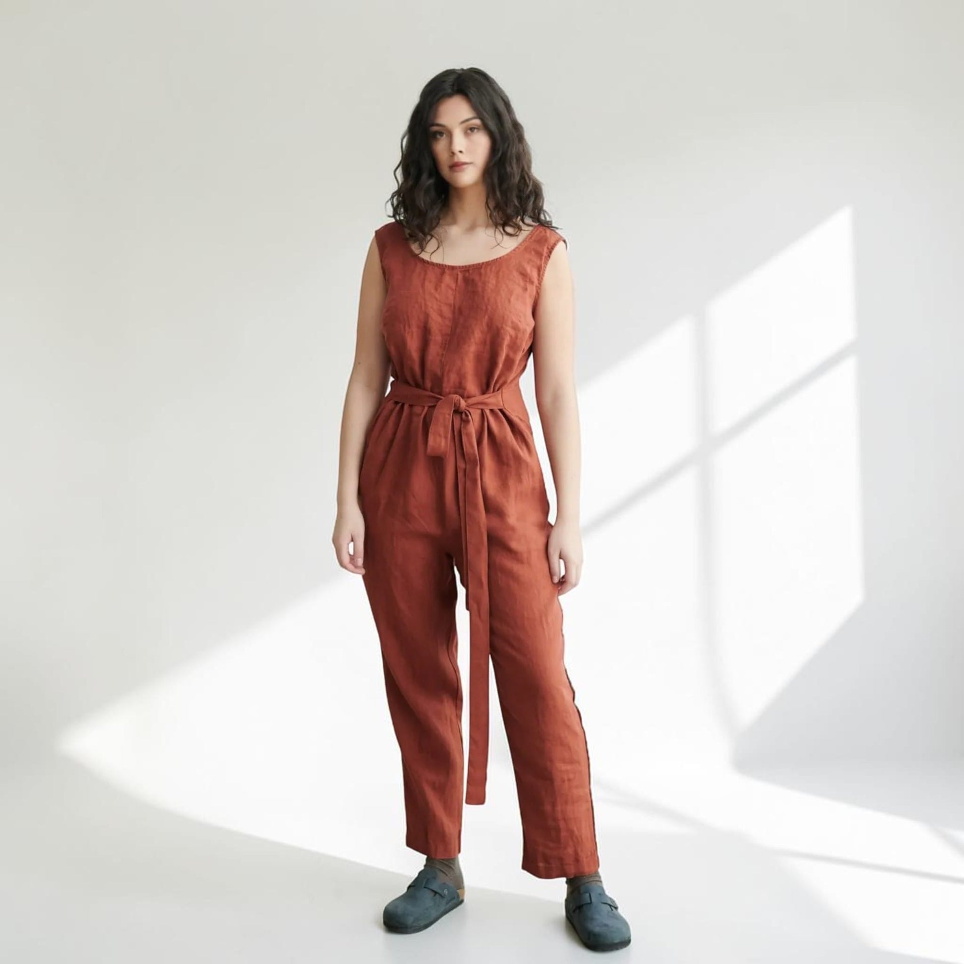 Sleeveless Linen Jumpsuit, V-Back Straight Leg
