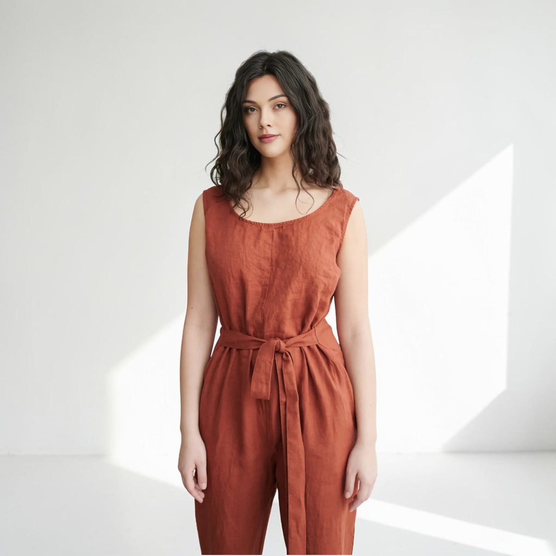 Sleeveless Linen Jumpsuit, V-Back Straight Leg