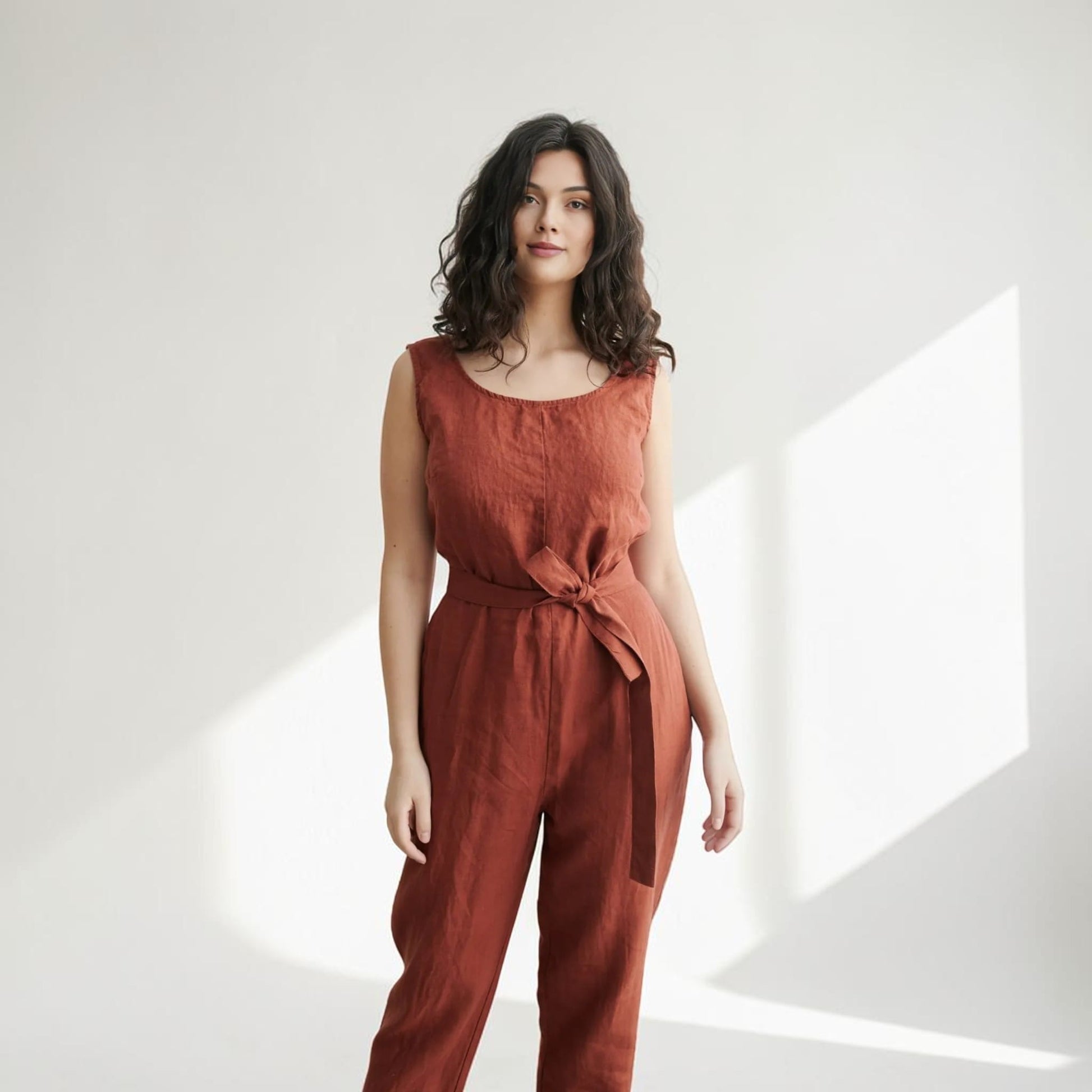 Sleeveless Linen Jumpsuit, V-Back Straight Leg