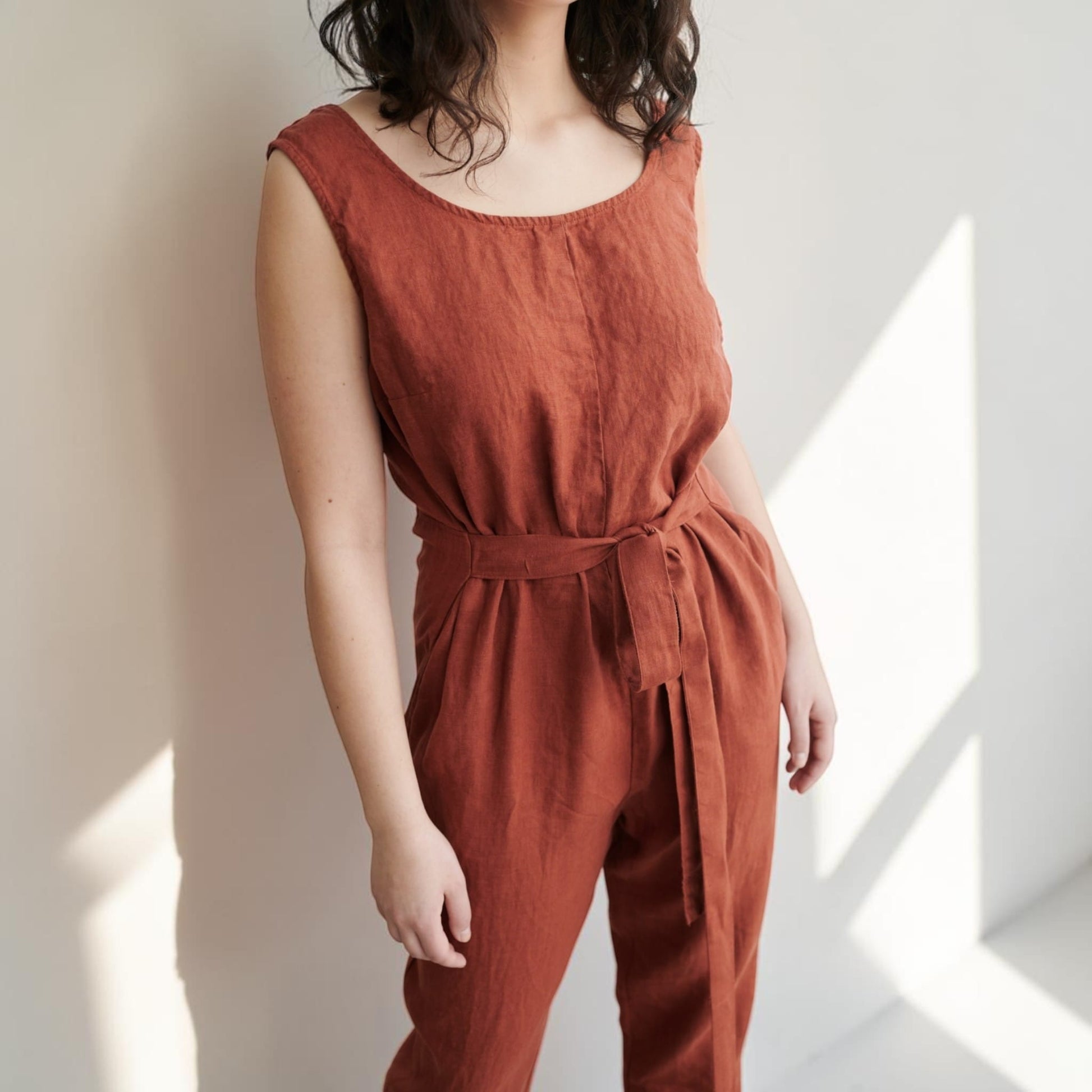 Sleeveless Linen Jumpsuit, V-Back Straight Leg