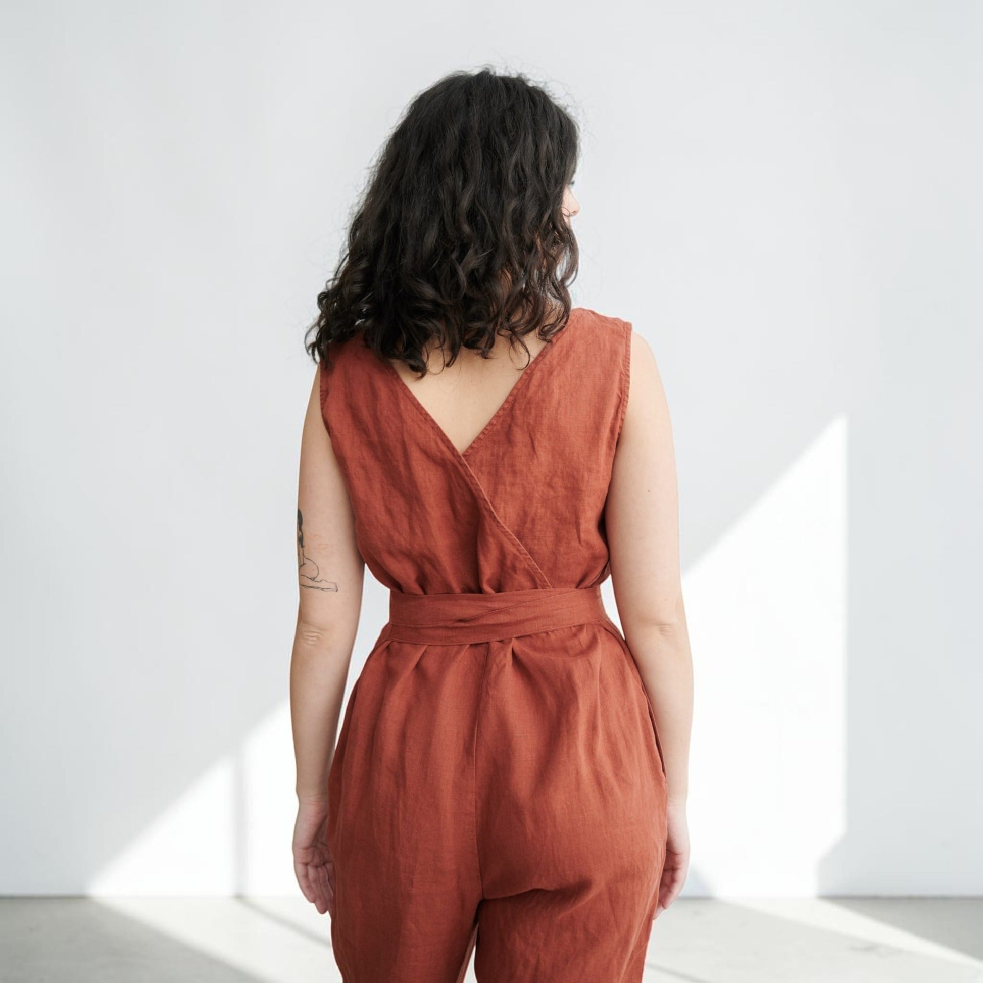 Sleeveless Linen Jumpsuit, V-Back Straight Leg