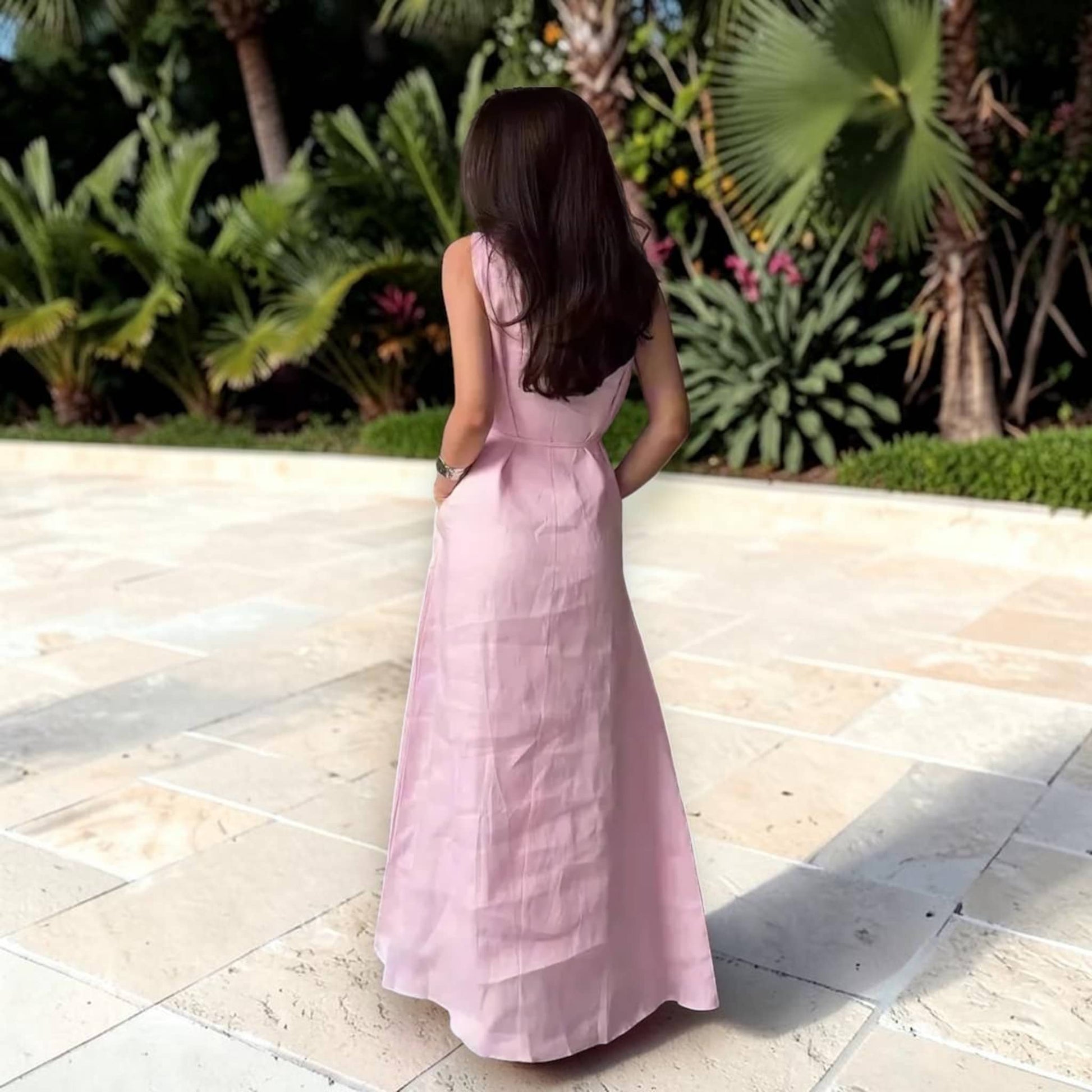 Sleeveless Linen Maxi Dress, A-Line Tie-Waist