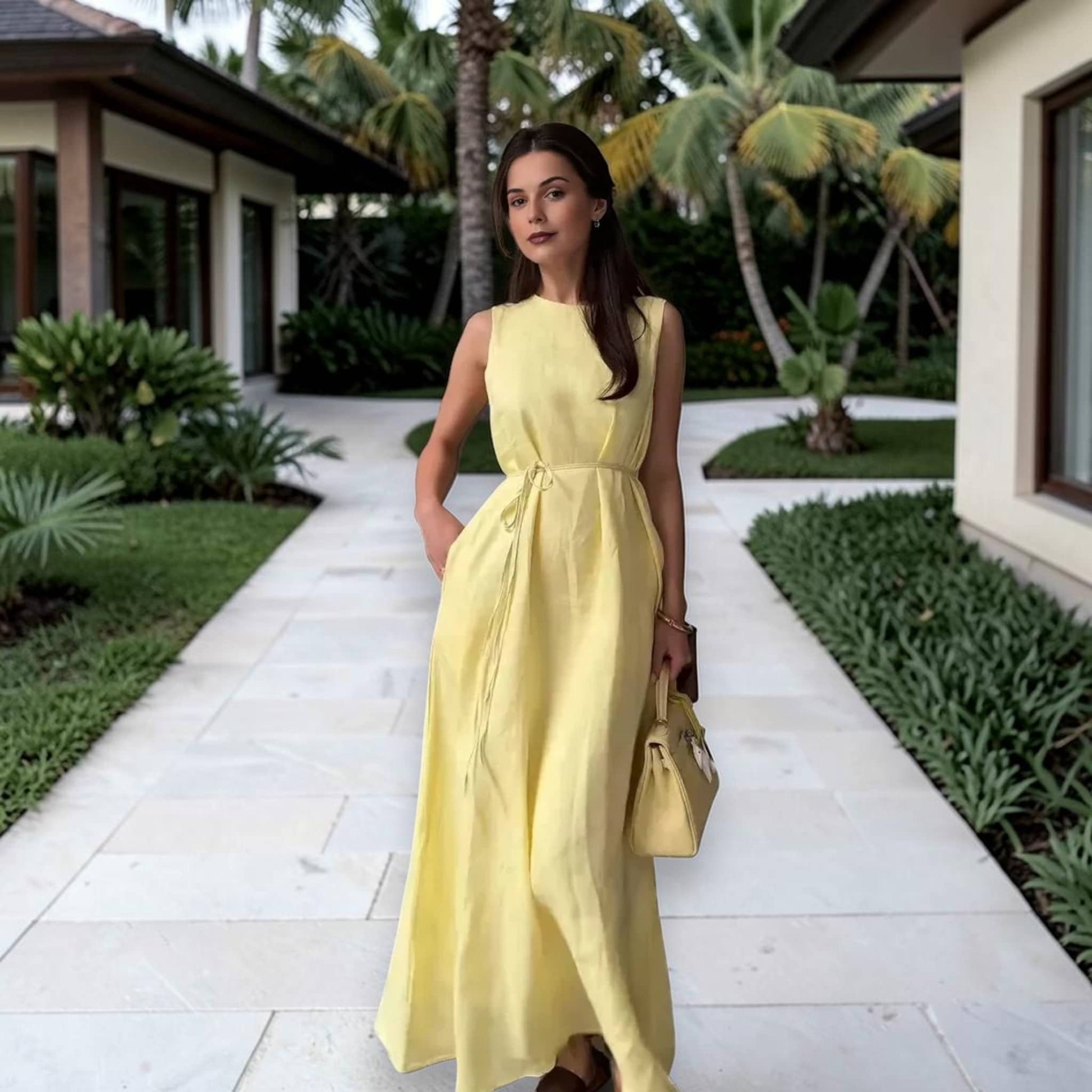 Sleeveless Linen Maxi Dress, A-Line Tie-Waist