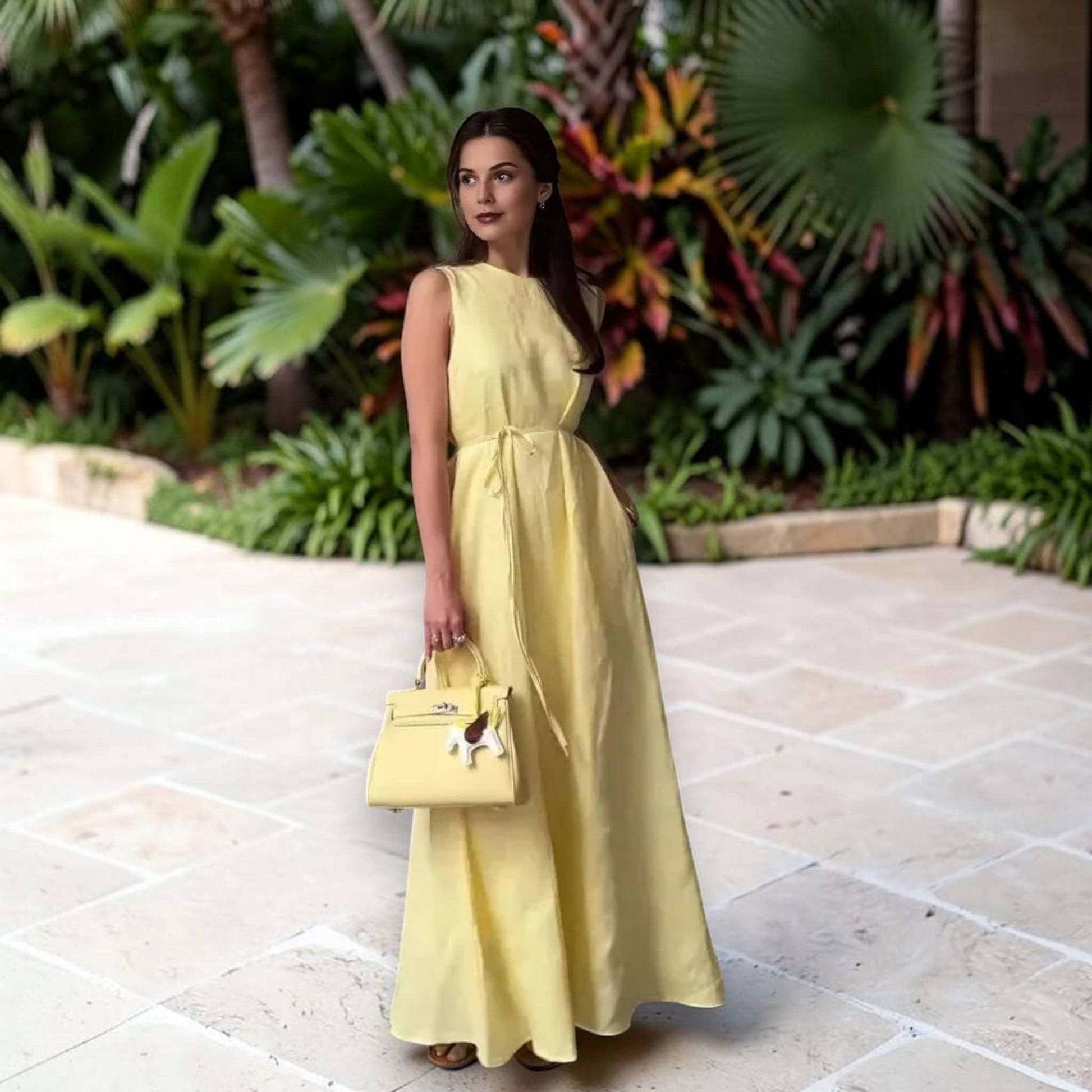 Sleeveless Linen Maxi Dress, A-Line Tie-Waist