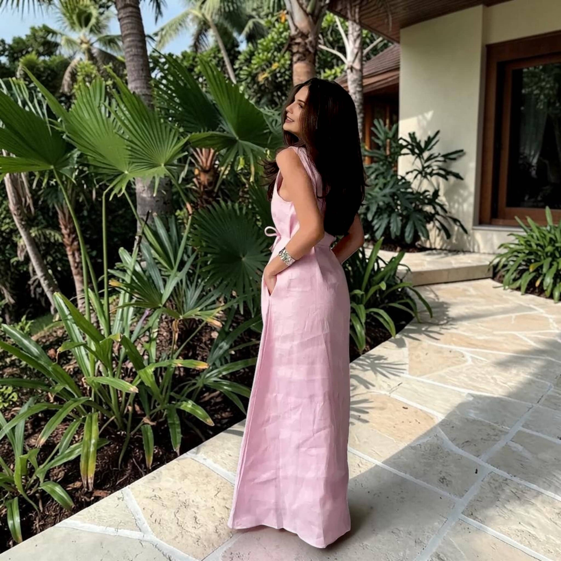 Sleeveless Linen Maxi Dress, A-Line Tie-Waist