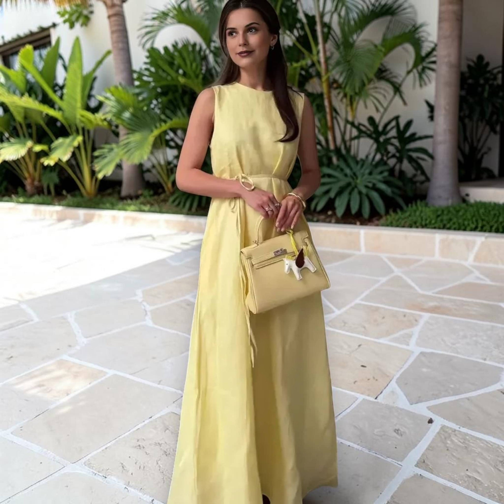 Sleeveless Linen Maxi Dress, A-Line Tie-Waist