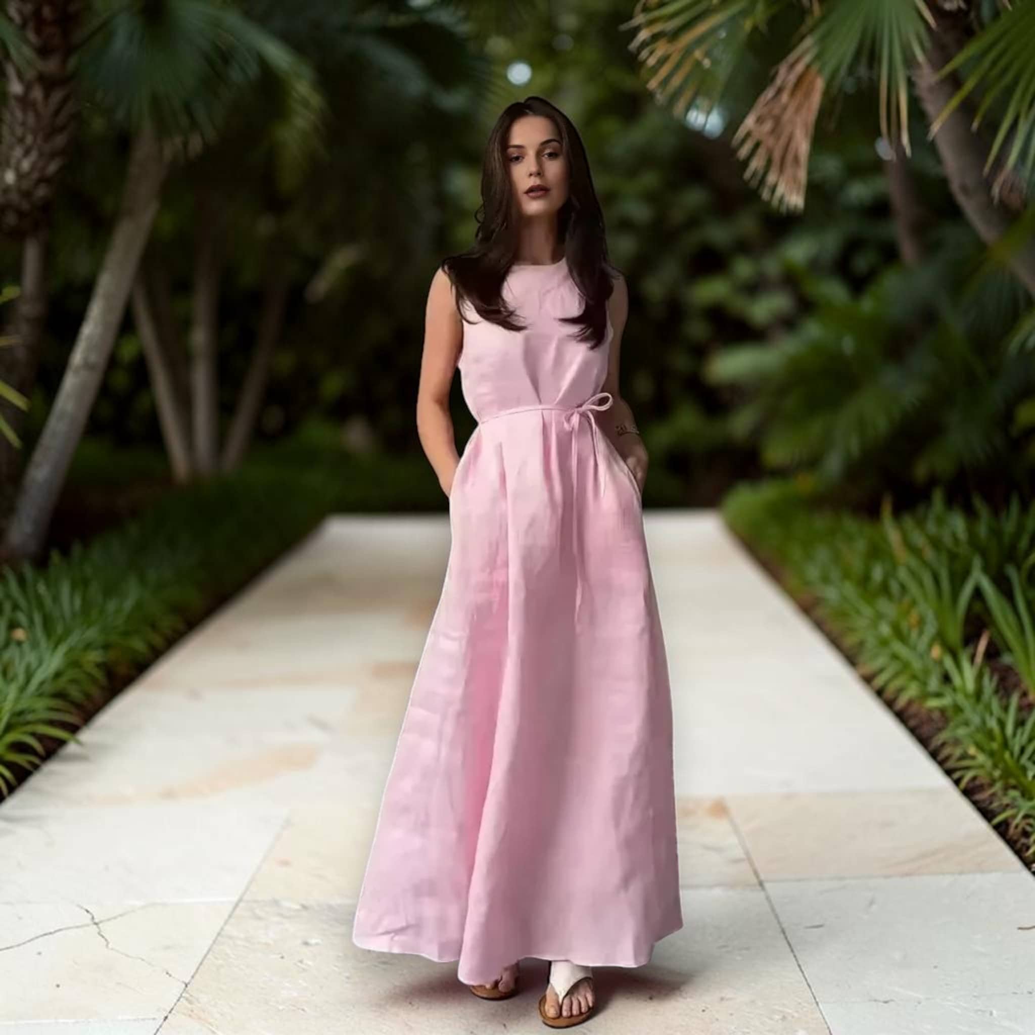 Sleeveless Linen Maxi Dress, A-Line Tie-Waist