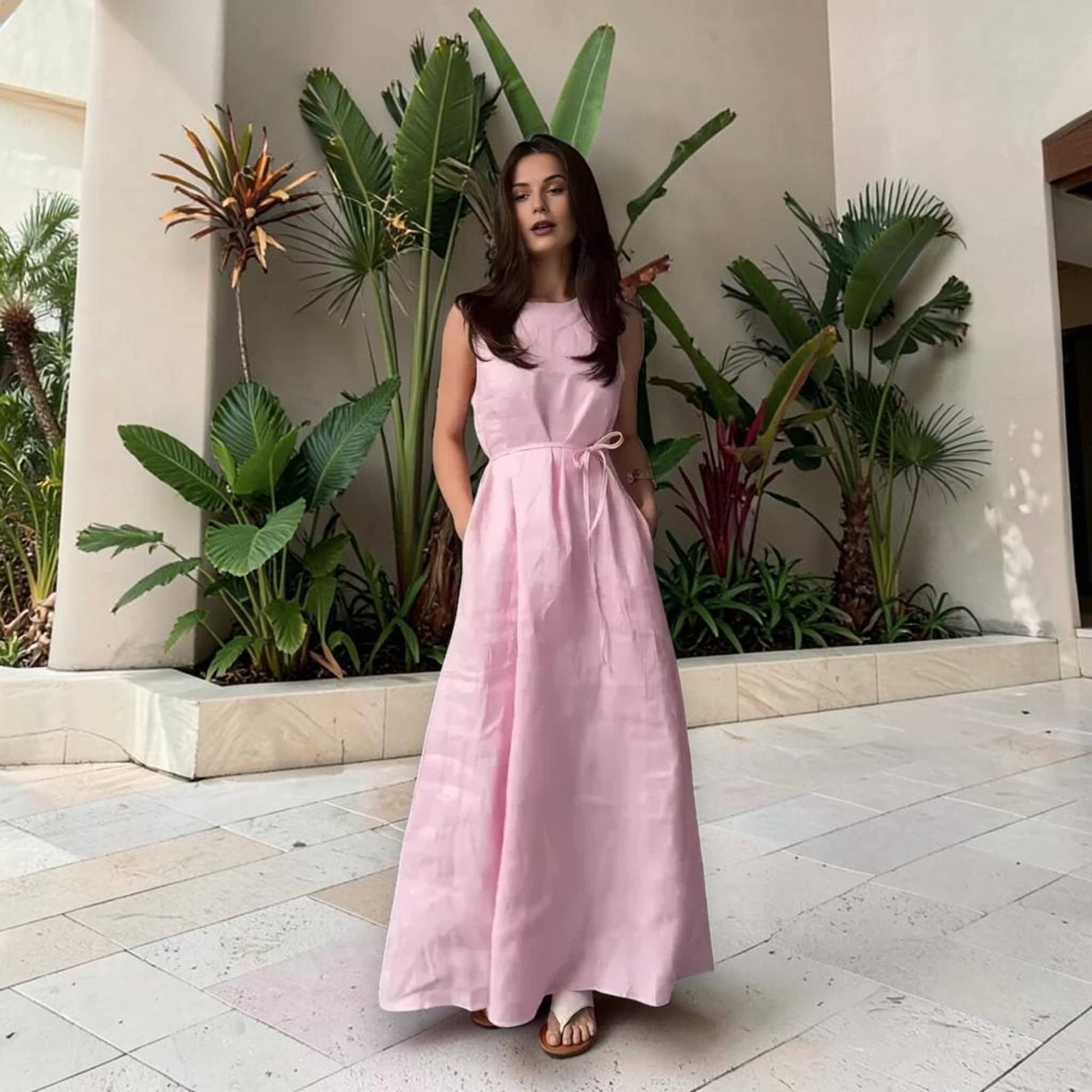 Sleeveless Linen Maxi Dress, A-Line Tie-Waist
