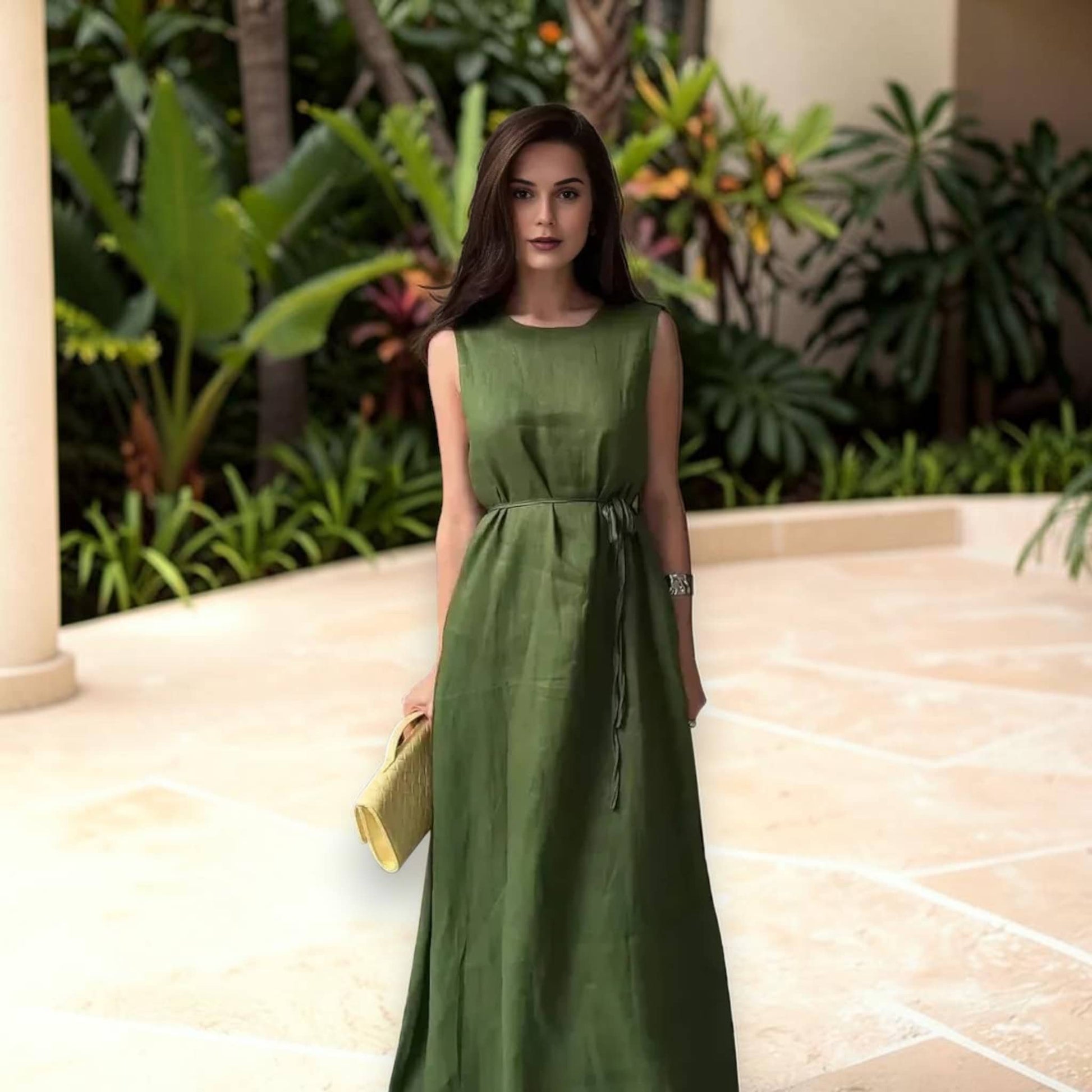 Sleeveless Linen Maxi Dress, A-Line Tie-Waist