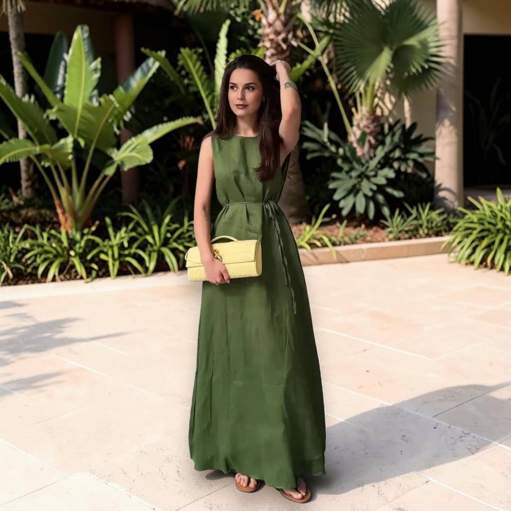 Sleeveless Linen Maxi Dress, A-Line Tie-Waist
