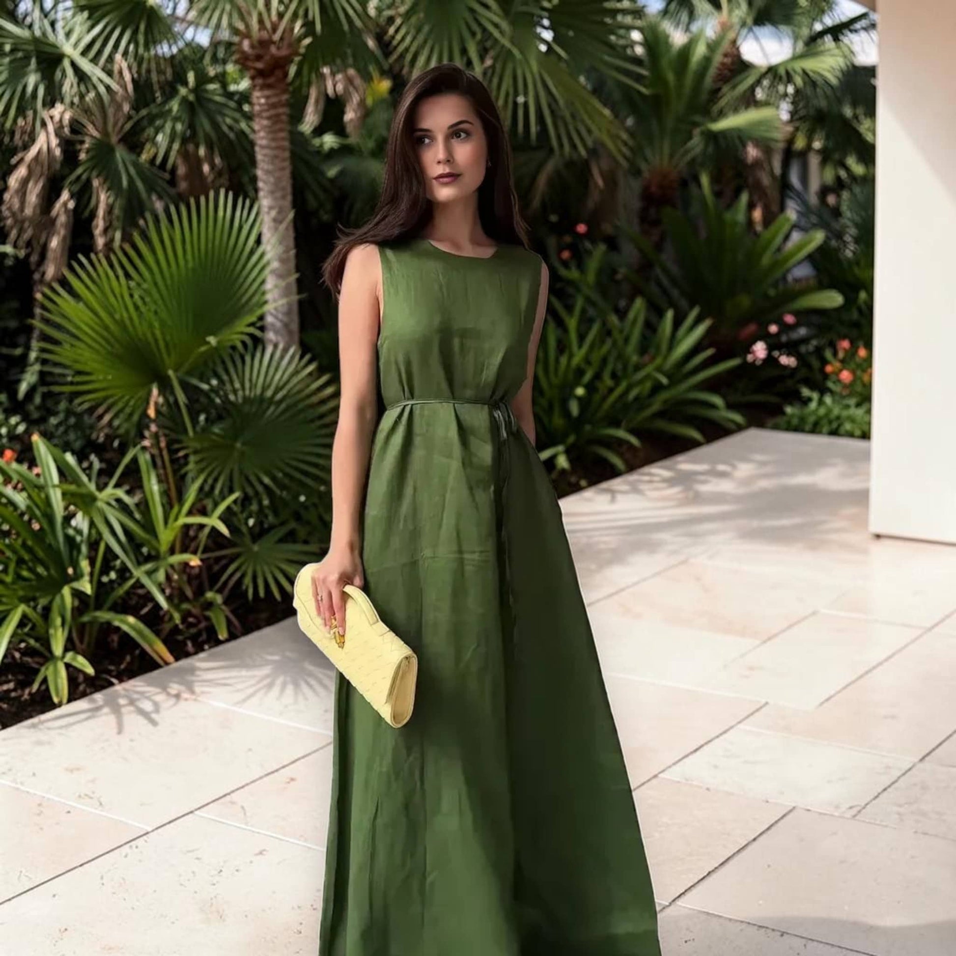 Sleeveless Linen Maxi Dress, A-Line Tie-Waist