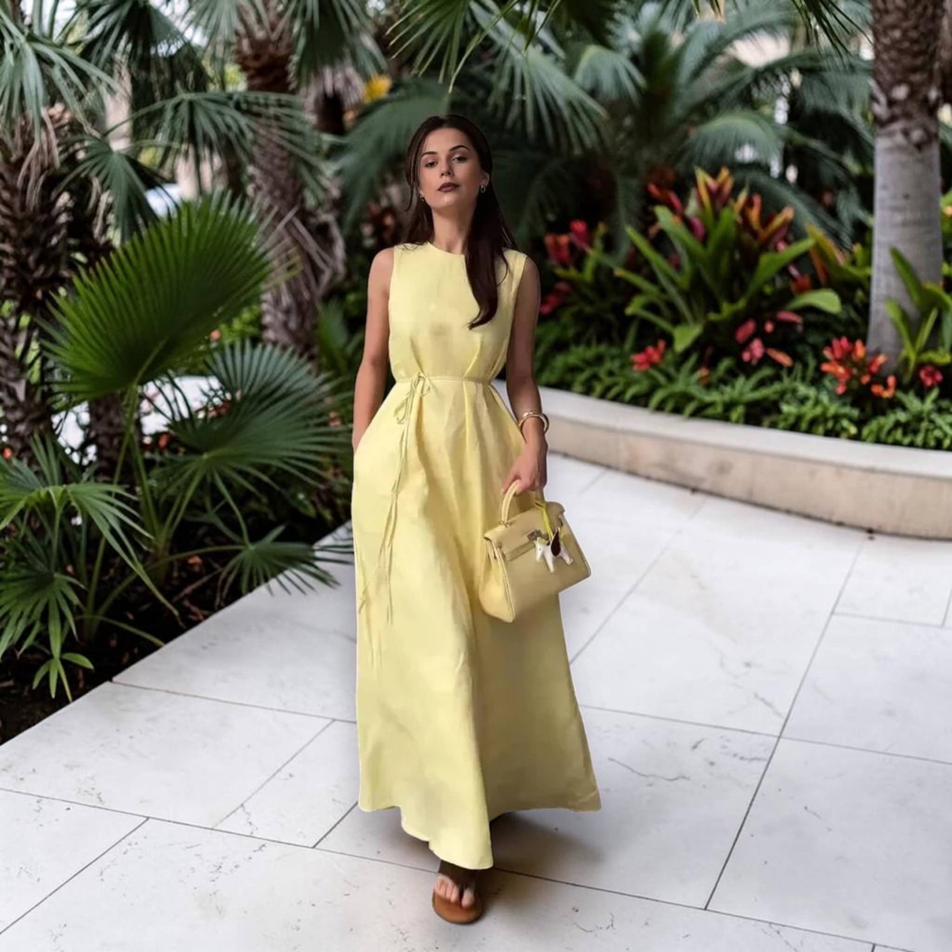 Sleeveless Linen Maxi Dress, A-Line Tie-Waist