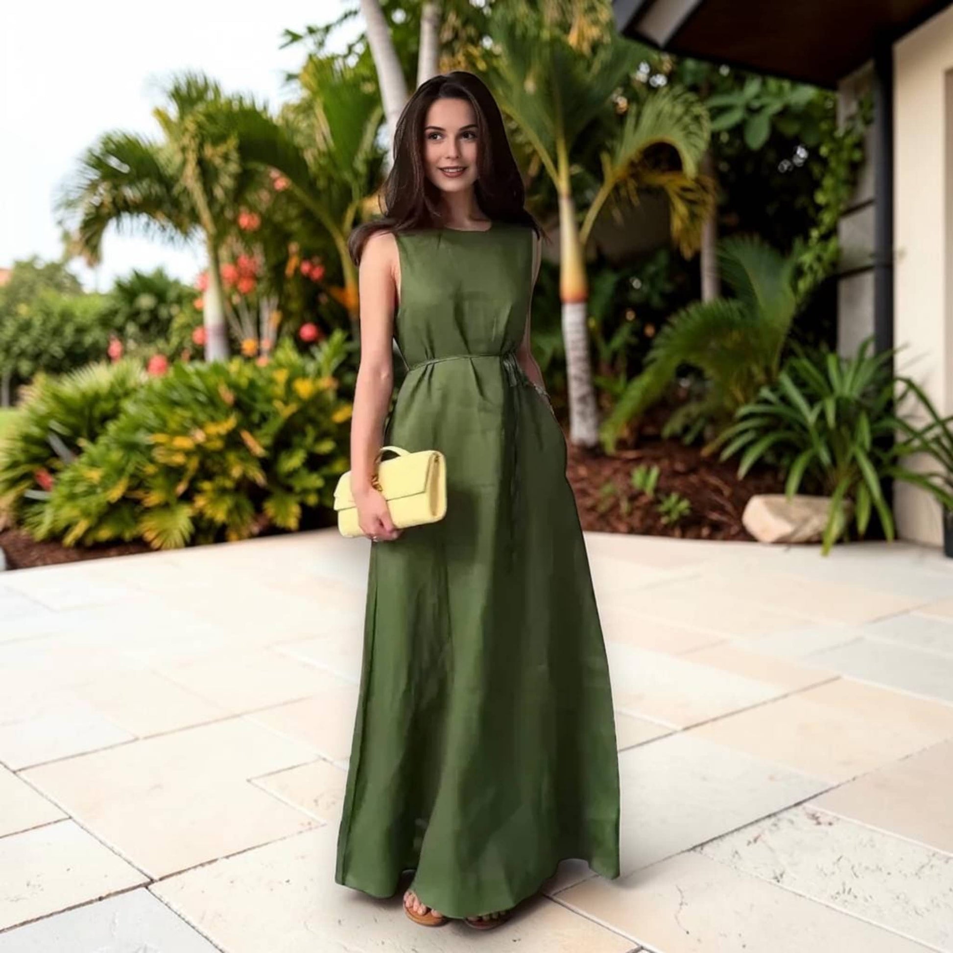 Sleeveless Linen Maxi Dress, A-Line Tie-Waist