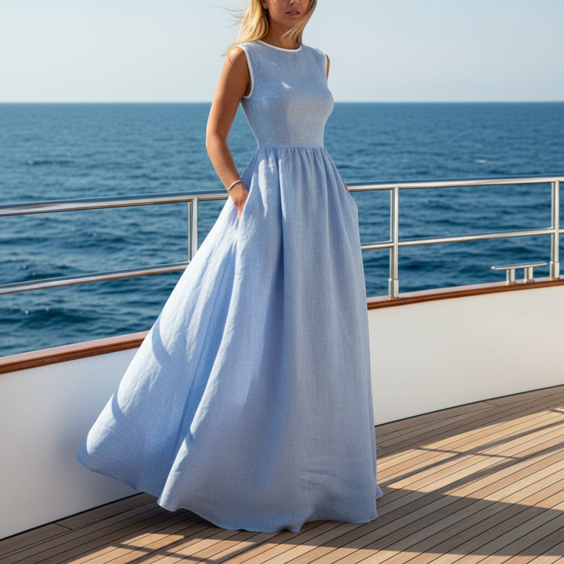 Sleeveless Linen Maxi Dress, Crew Neck Maxi Dress