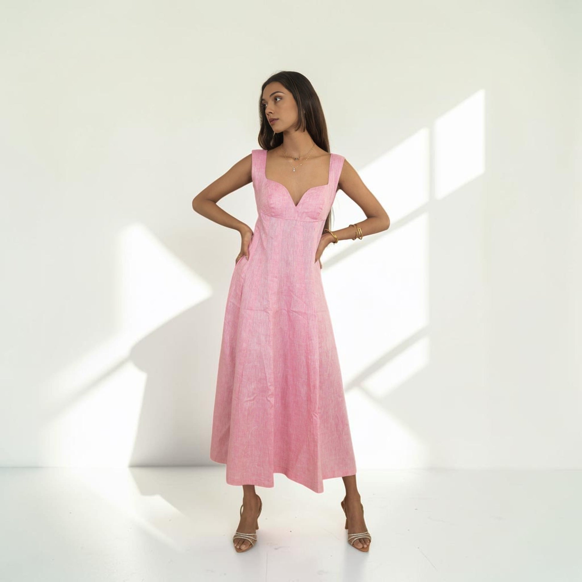 Sleeveless Linen Maxi Dress, Sweetheart Wide Strap