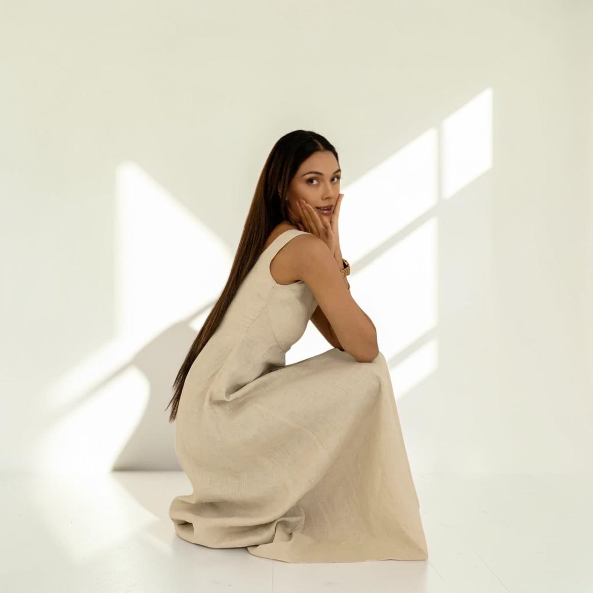 Sleeveless Linen Maxi Dress, Sweetheart Wide Strap