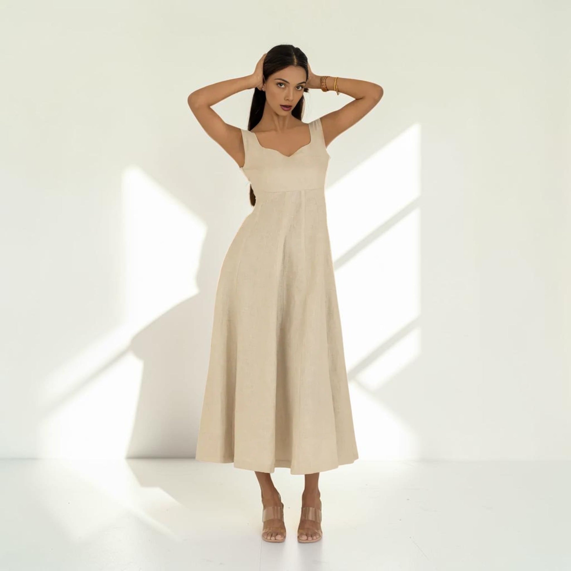 Sleeveless Linen Maxi Dress, Sweetheart Wide Strap