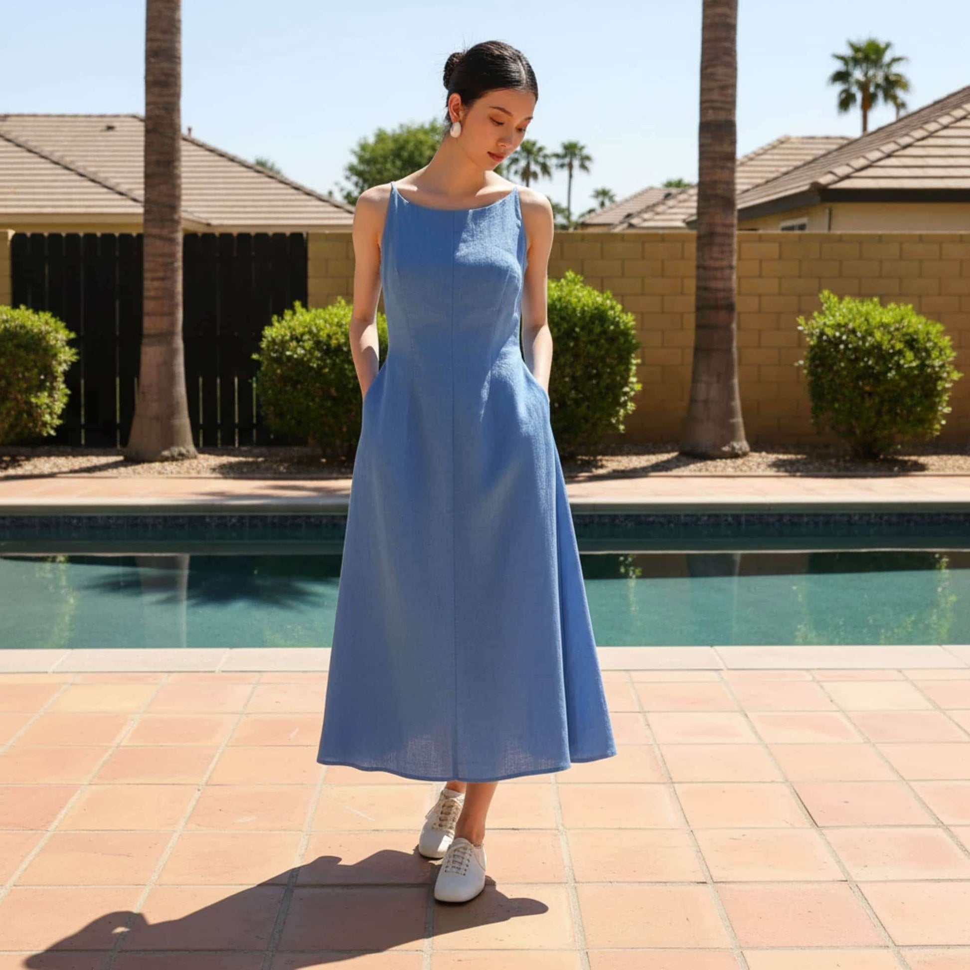 Sleeveless Linen Midi Dress, Boat Neck Midi Dress