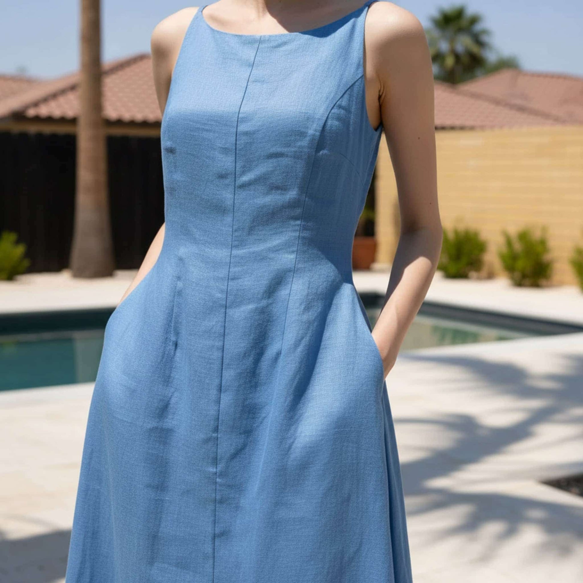 Sleeveless Linen Midi Dress, Boat Neck Midi Dress