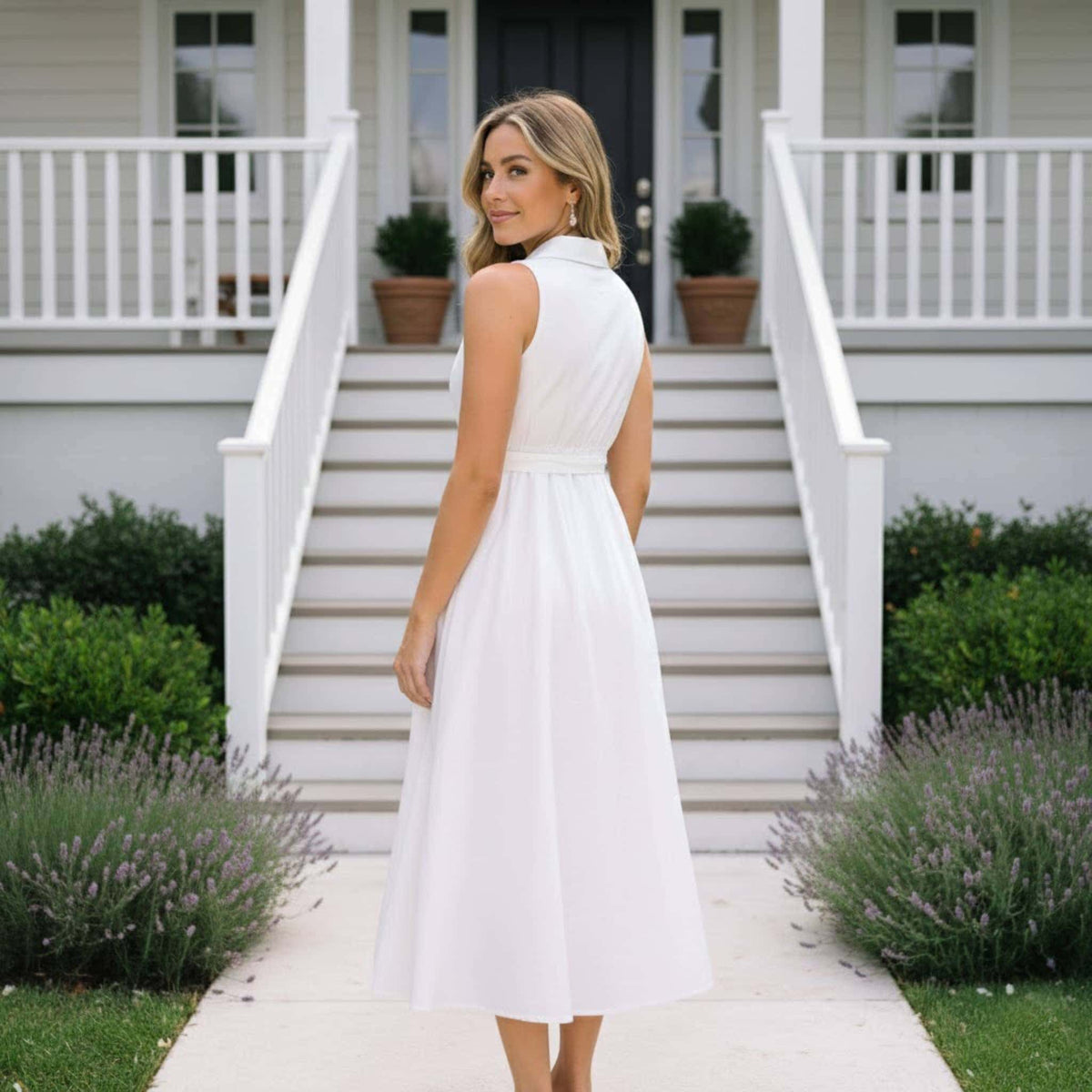 Sleeveless Linen Midi Dress, Button Front A Line Dress