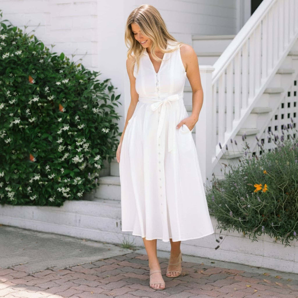 Sleeveless Linen Midi Dress, Button Front A Line Dress