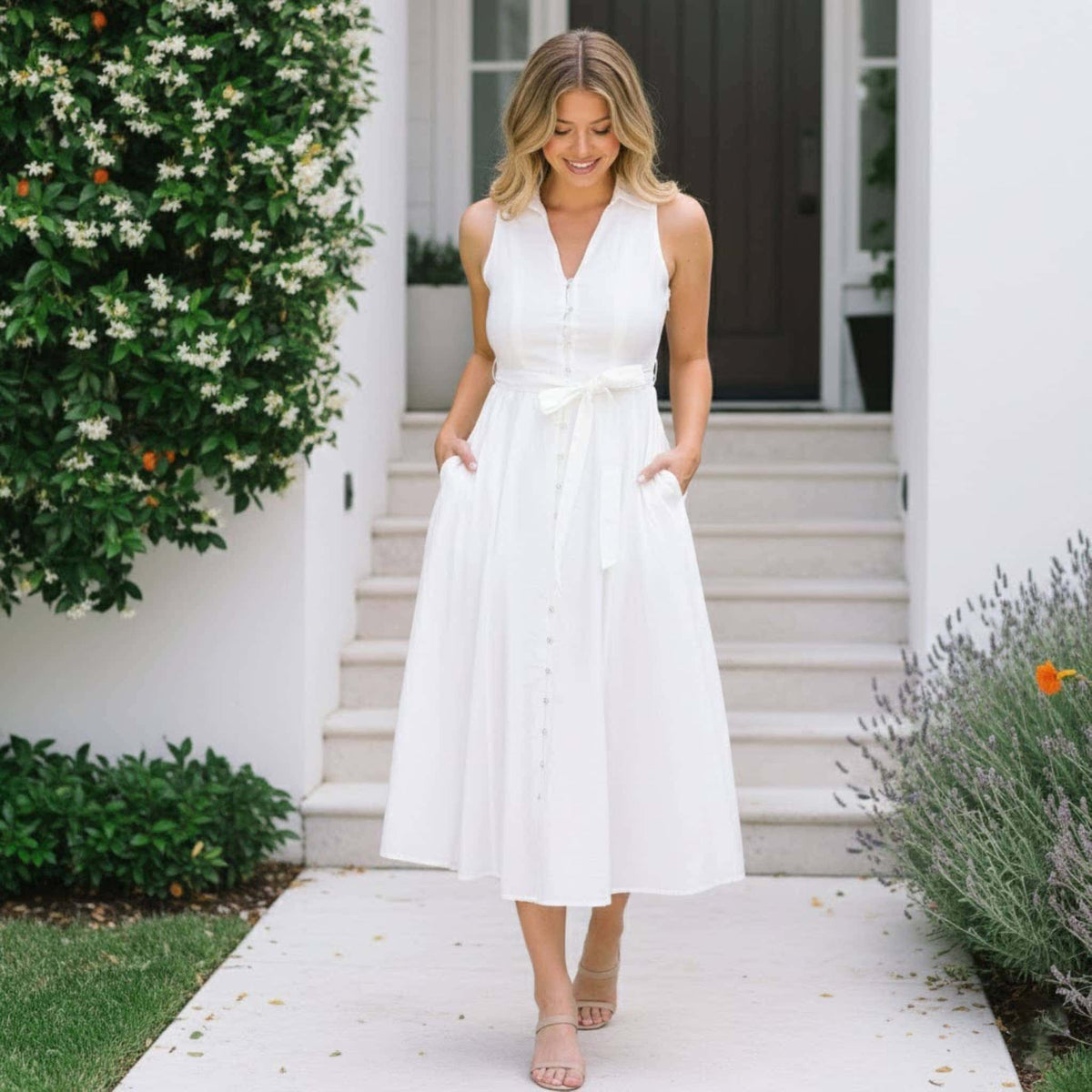 Sleeveless Linen Midi Dress, Button Front A Line Dress