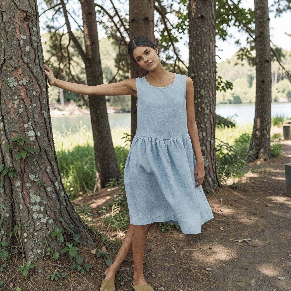 Sleeveless Linen Midi Dress, Round Neck Dropped Waist