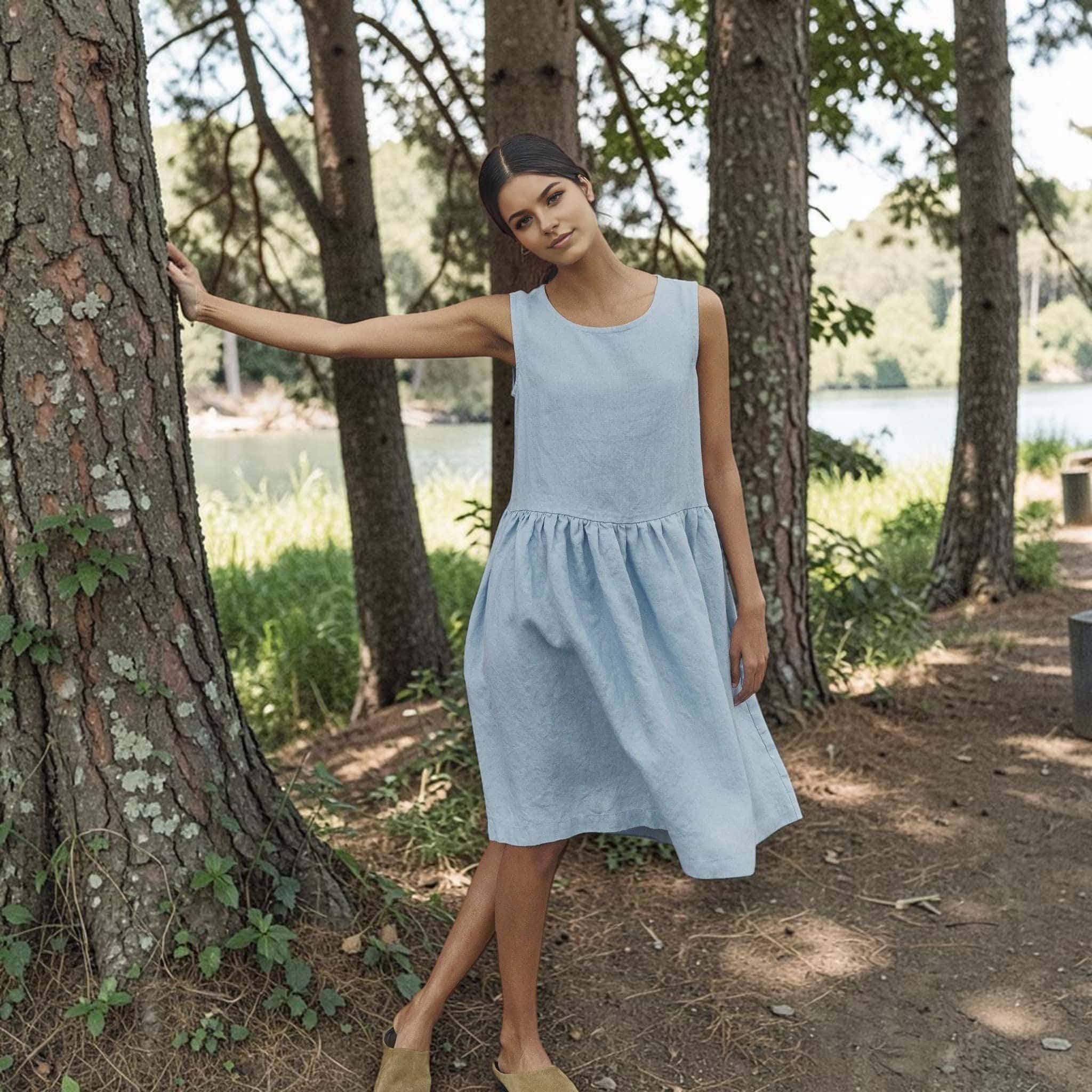 Sleeveless Linen Midi Dress, Round Neck Dropped Waist