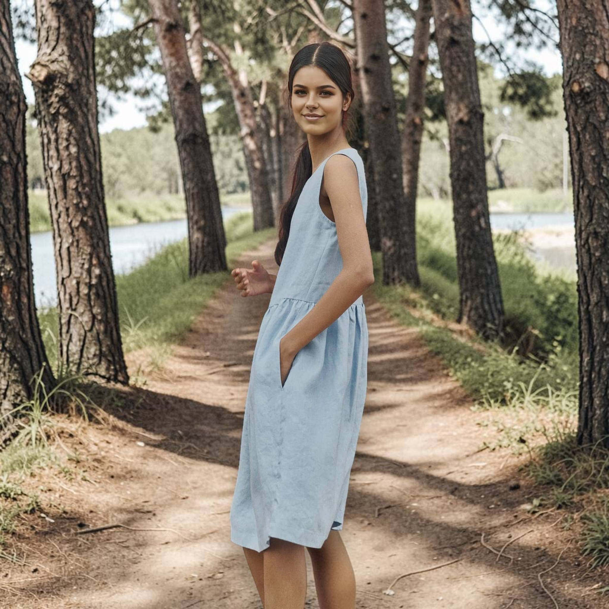 Sleeveless Linen Midi Dress, Round Neck Dropped Waist