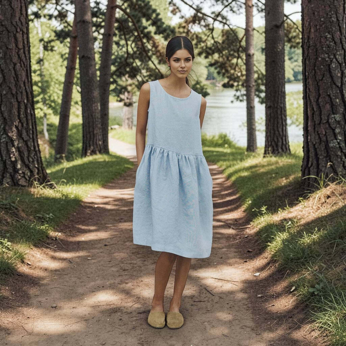 Sleeveless Linen Midi Dress, Round Neck Dropped Waist