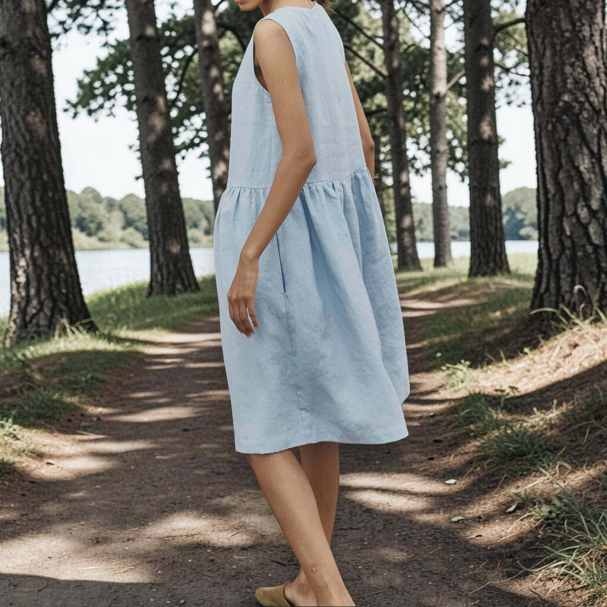 Sleeveless Linen Midi Dress, Round Neck Dropped Waist
