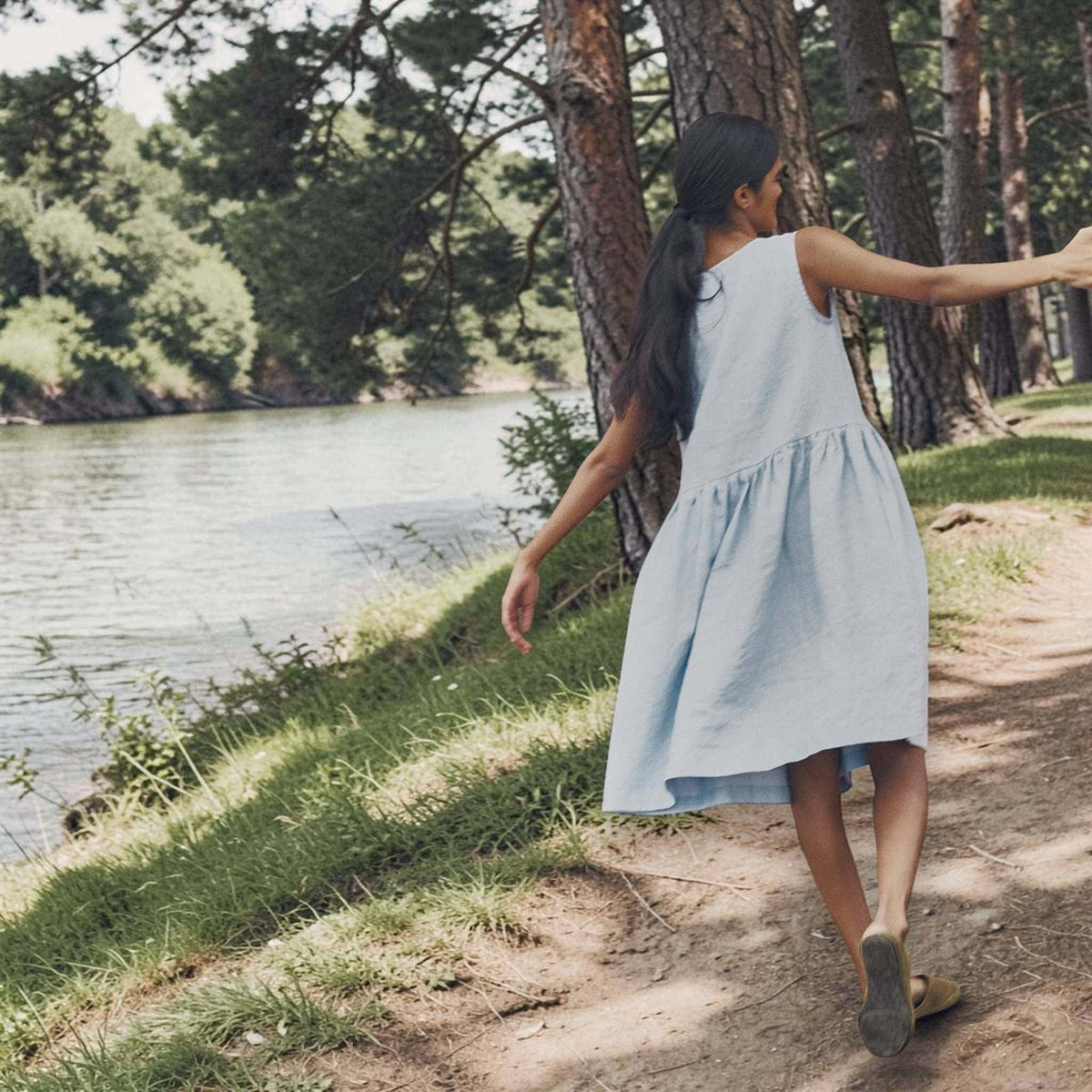 Sleeveless Linen Midi Dress, Round Neck Dropped Waist