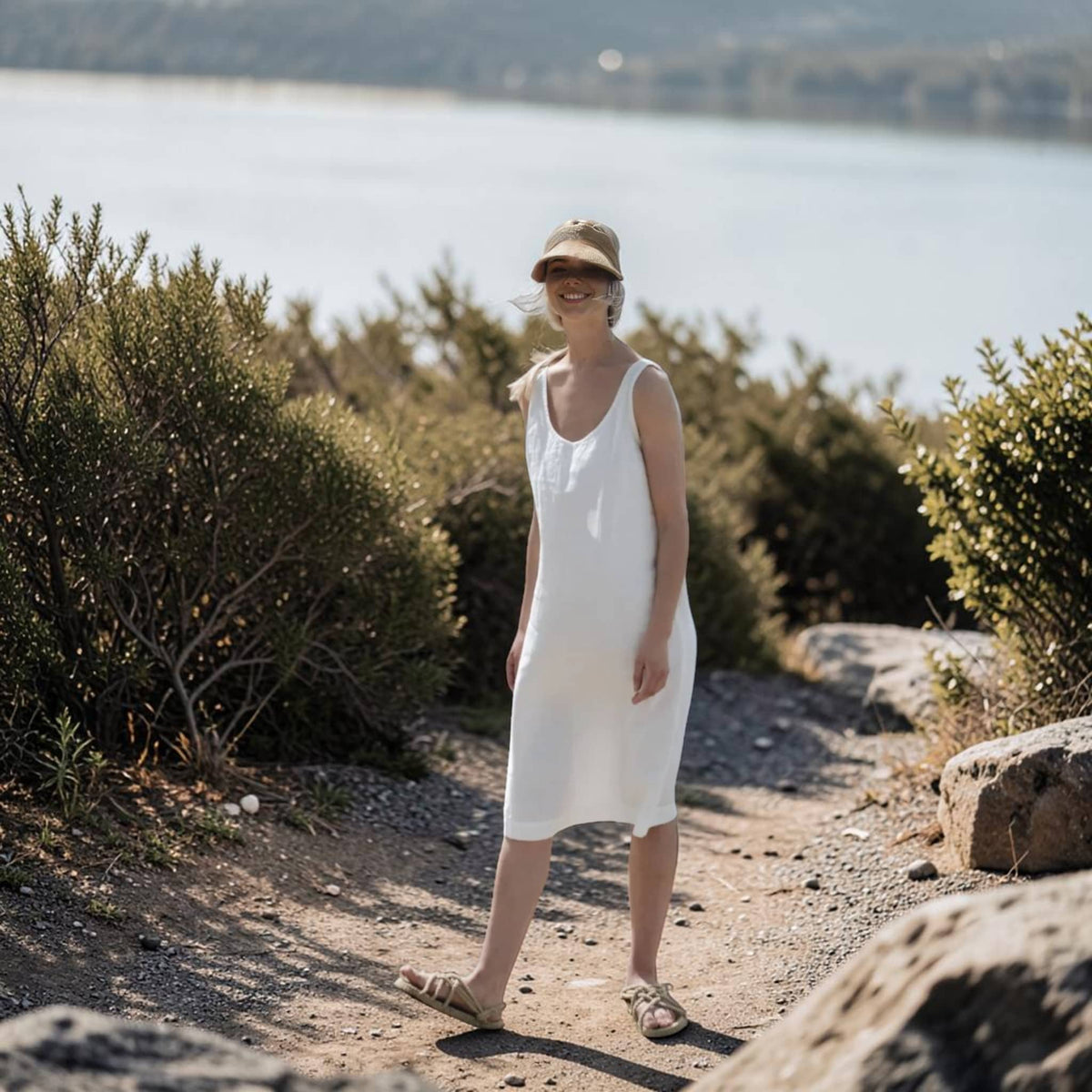Sleeveless Linen Midi Dress, Scoop Back A Line