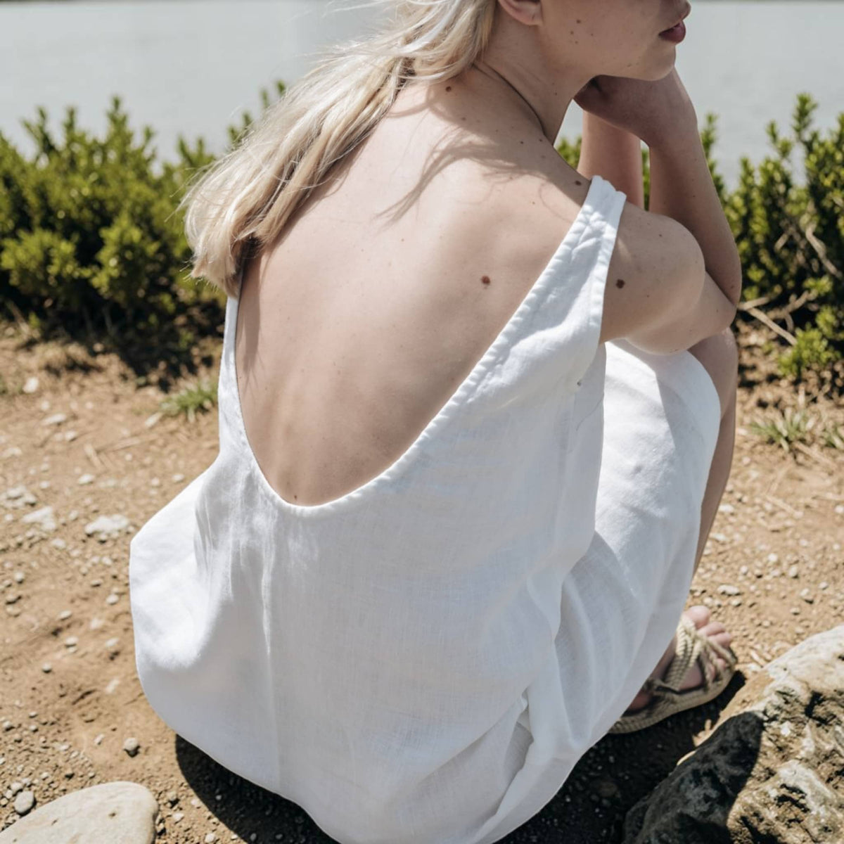 Sleeveless Linen Midi Dress, Scoop Back A Line