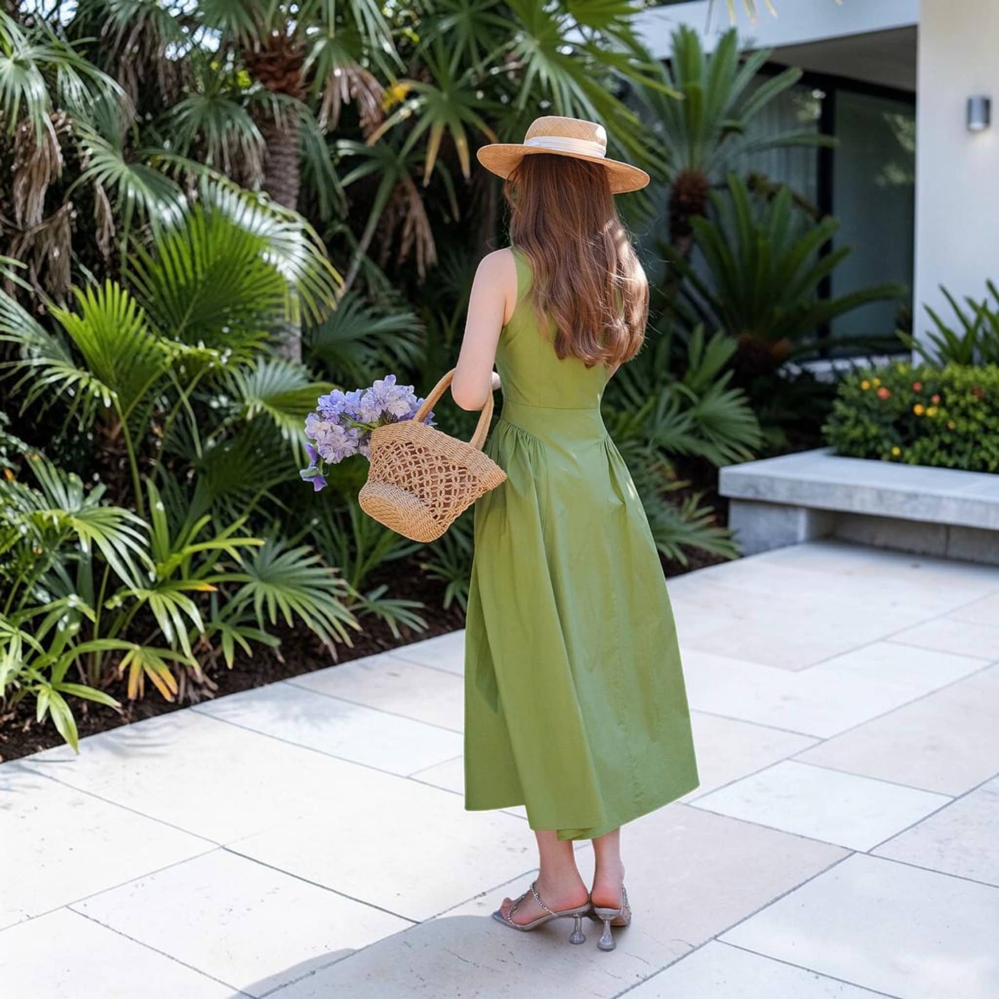 Sleeveless Linen Midi Dress, Square Neck Gathered Waist