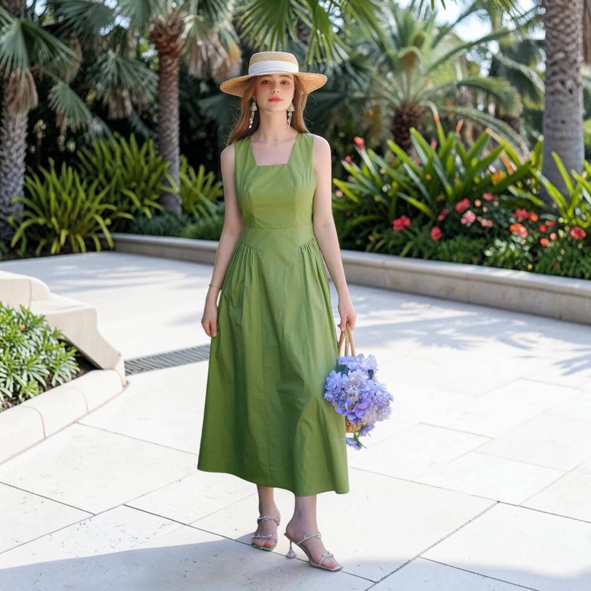 Sleeveless Linen Midi Dress, Square Neck Gathered Waist