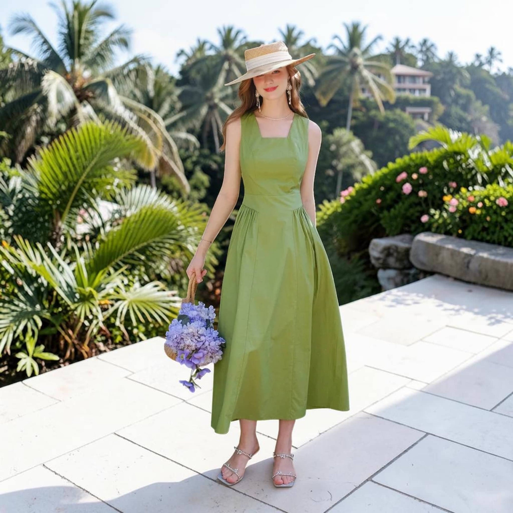 Sleeveless Linen Midi Dress, Square Neck Gathered Waist