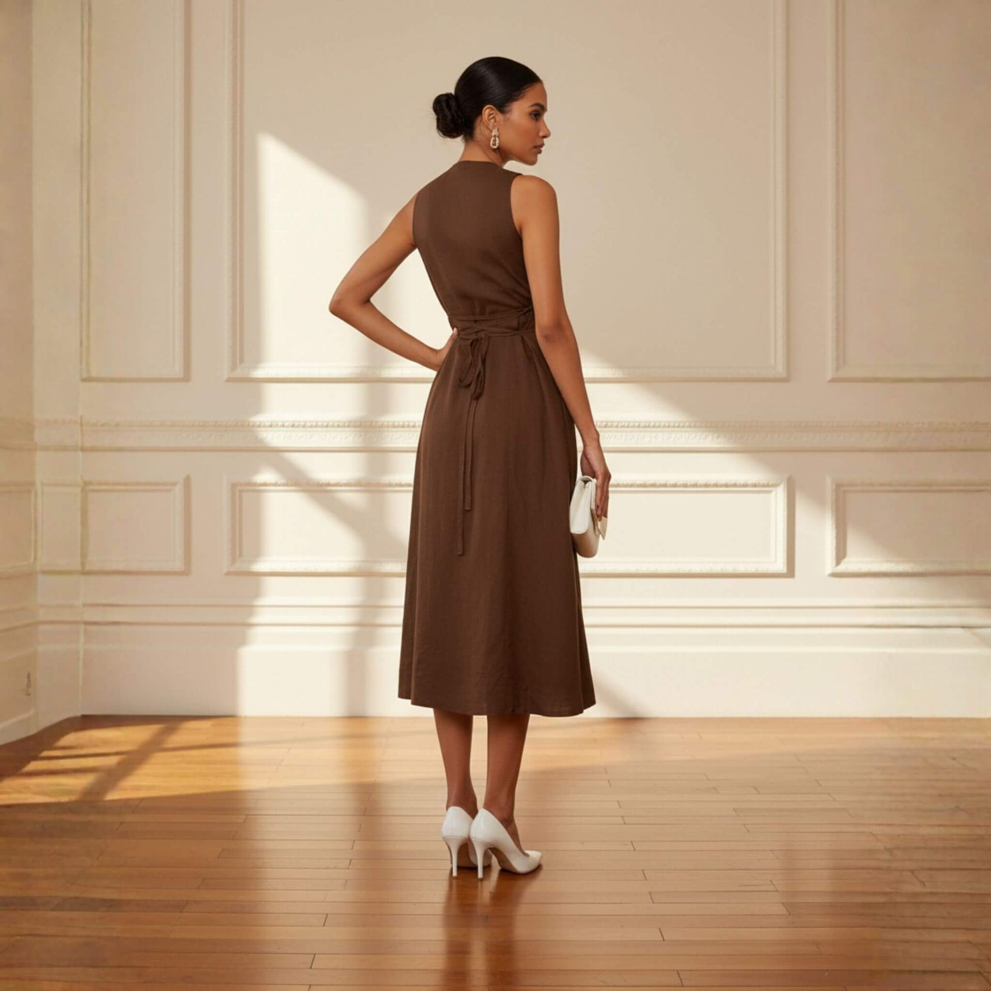 Sleeveless Linen Midi Dress, Tie Back A Line Dress