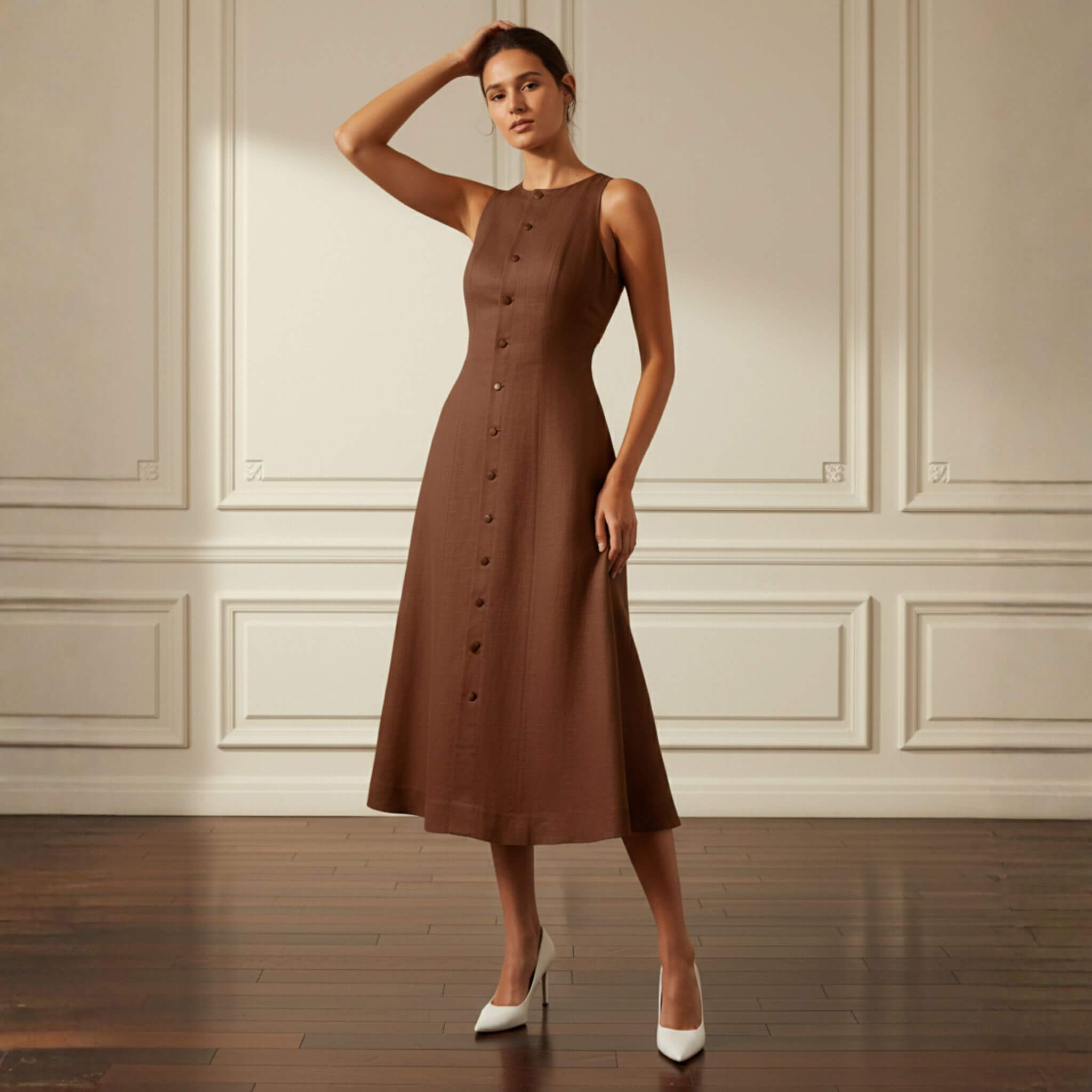 Sleeveless Linen Midi Dress, Tie Back A Line Dress