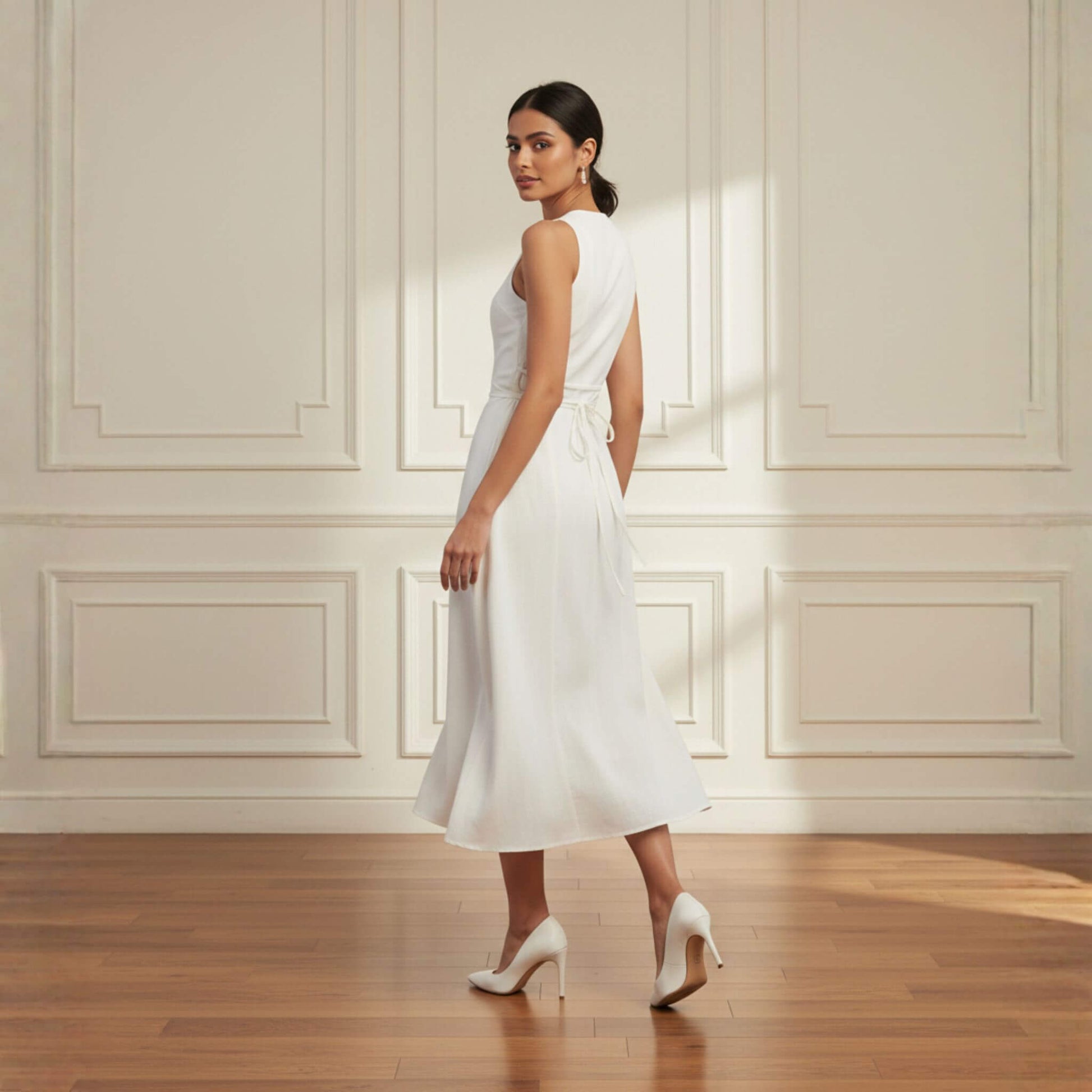 Sleeveless Linen Midi Dress, Tie Back A Line Dress