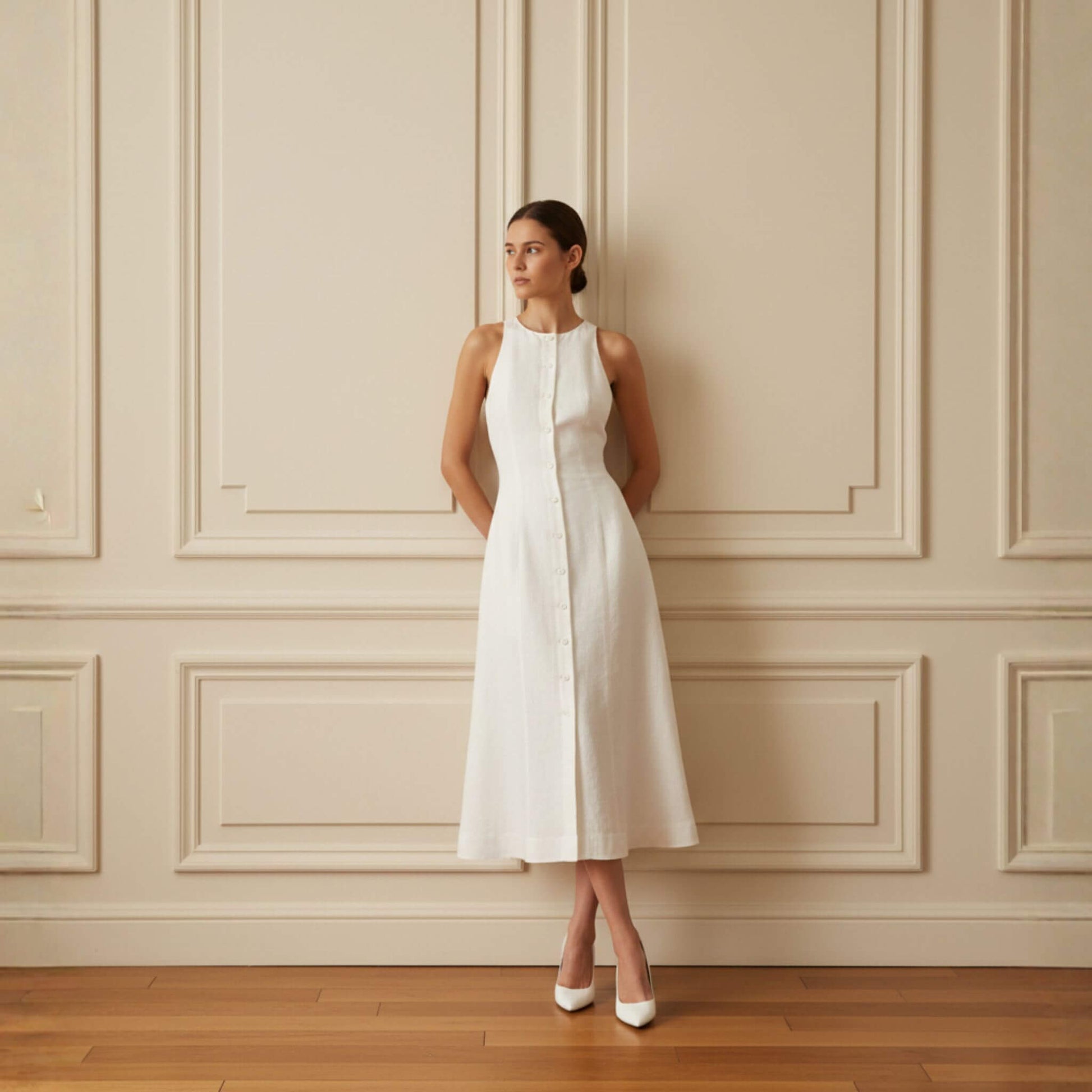 Sleeveless Linen Midi Dress, Tie Back A Line Dress