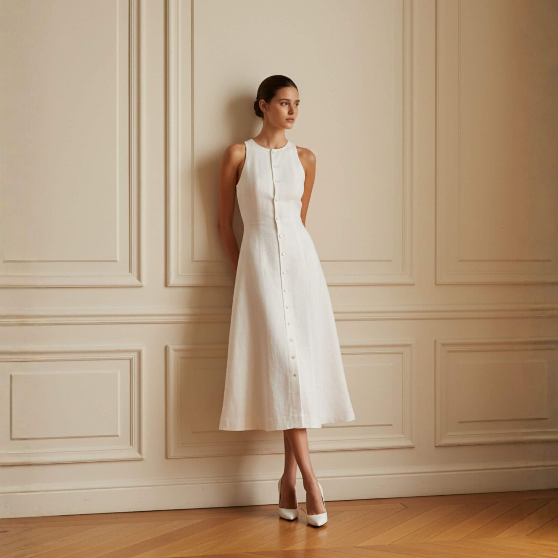 Sleeveless Linen Midi Dress, Tie Back A Line Dress