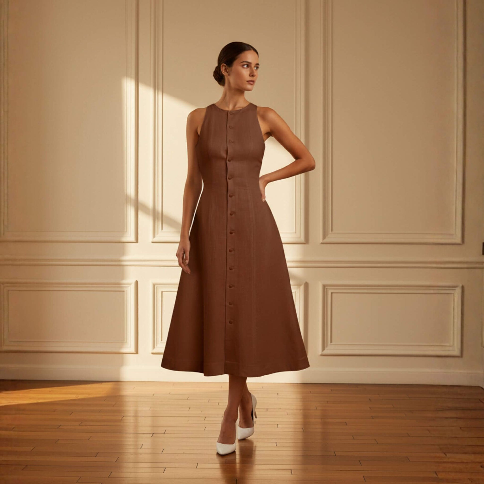 Sleeveless Linen Midi Dress, Tie Back A Line Dress