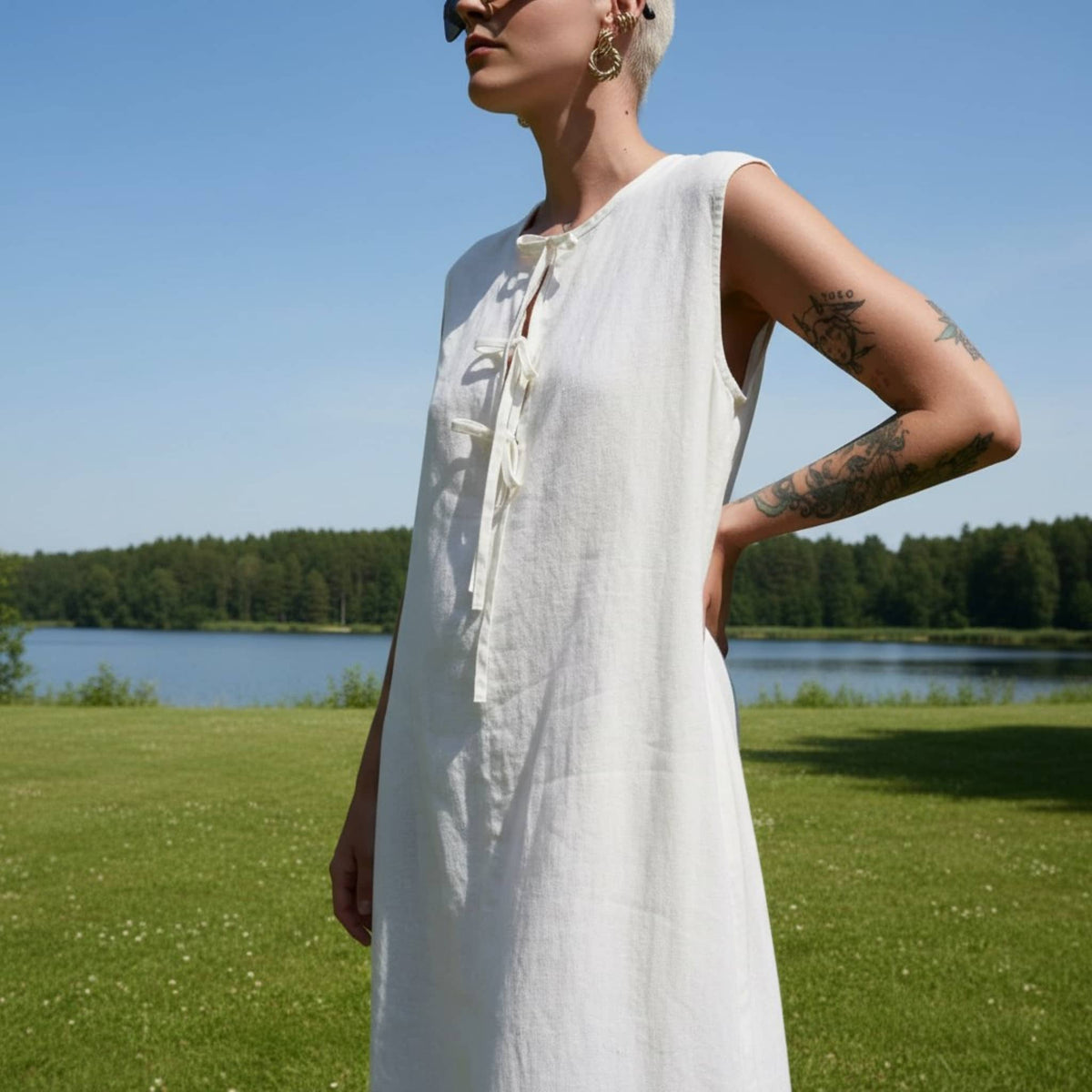 Sleeveless Linen Midi Dress, Tie Front A Line